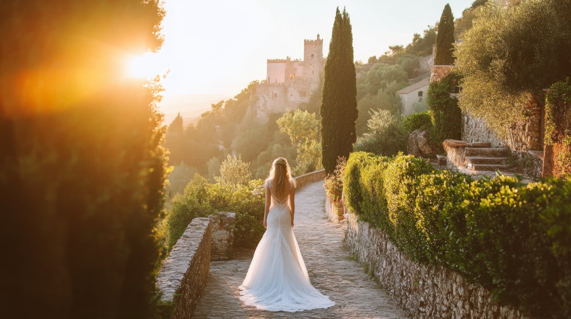 A bride walking toward a hilltop castle at sunset