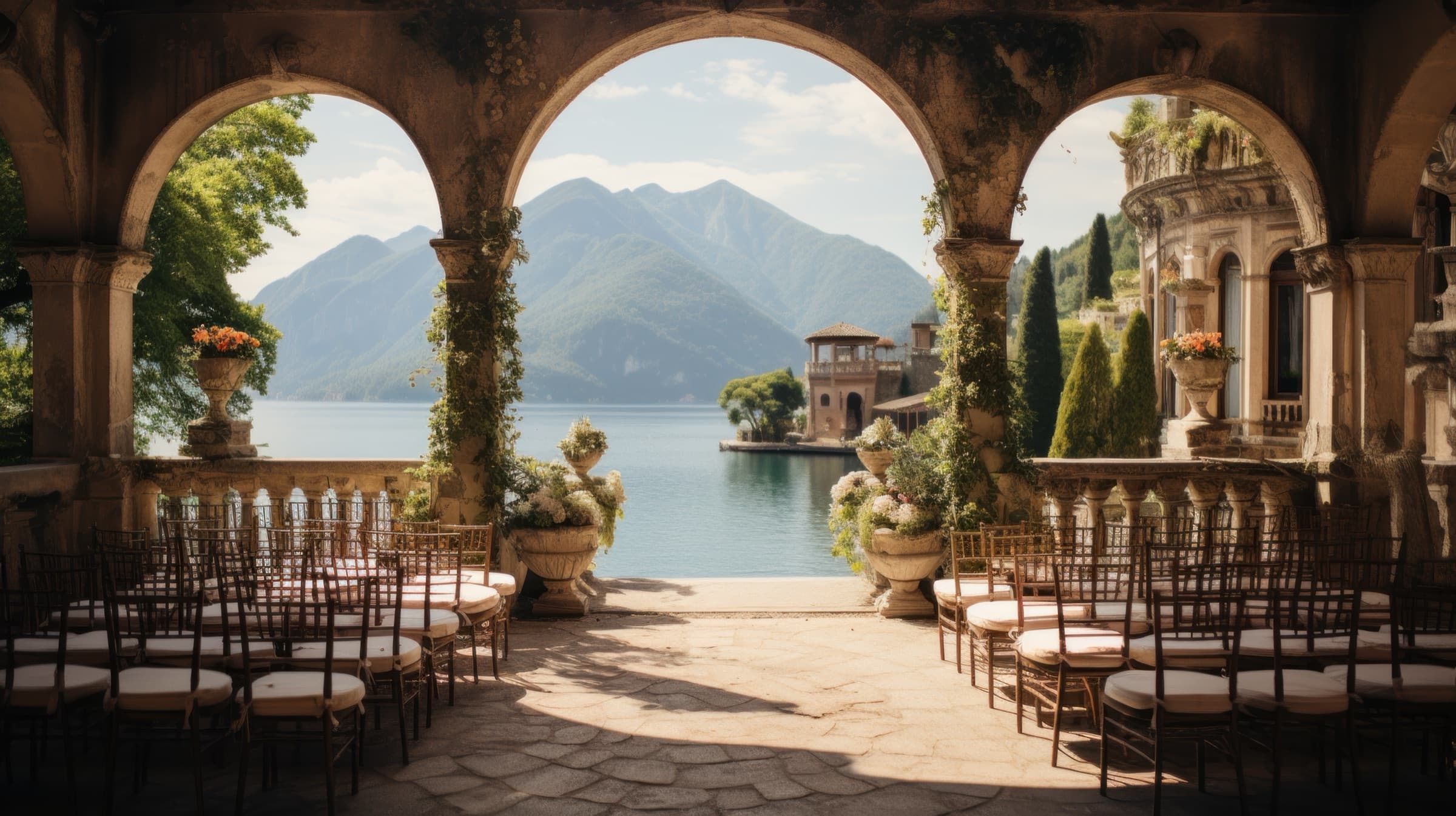 Stone arches opening to Lake Como before a ceremony
