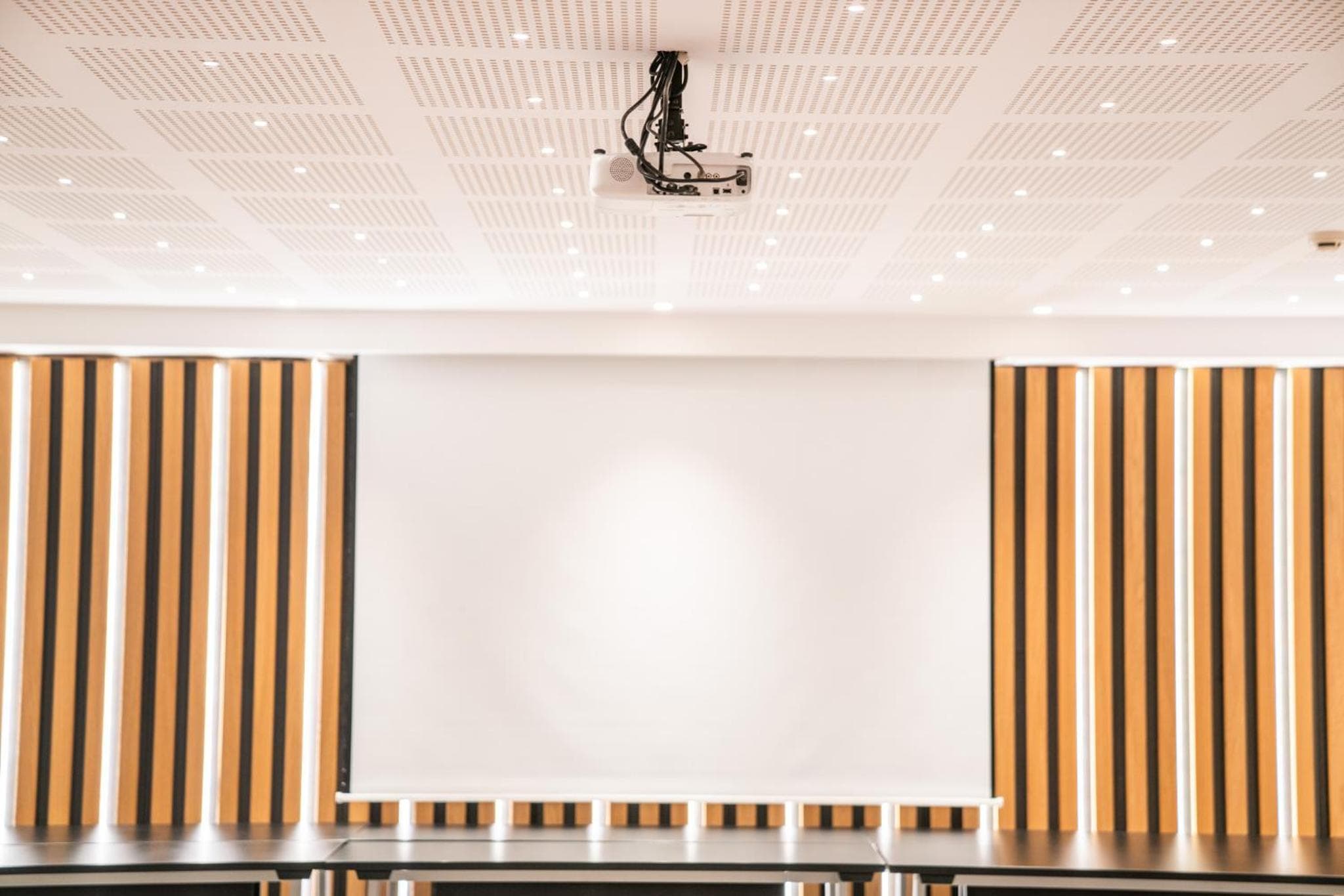 A ceiling-mounted projector faces a large white projection screen flanked by vertical wooden wall slats.