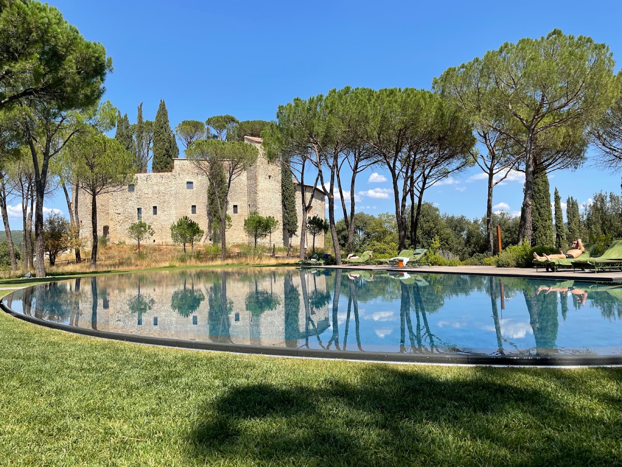 A curved outdoor pool reflects pine trees and the stone castle facade beneath a clear blue sky.