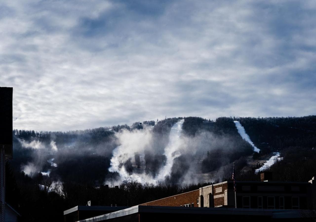 Ski slopes cut through a forested mountain covered in mist, seen from rooftops below under a cloudy sky.