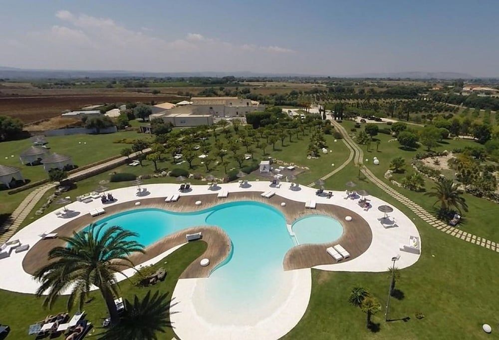 Aerial view of a curving swimming pool surrounded by a sundeck, palm trees, and green lawns.
