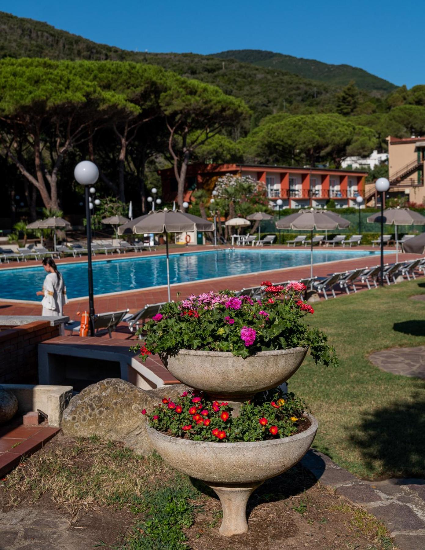 A tiered stone planter with pink and red flowers overlooks a lawn and the swimming pool.