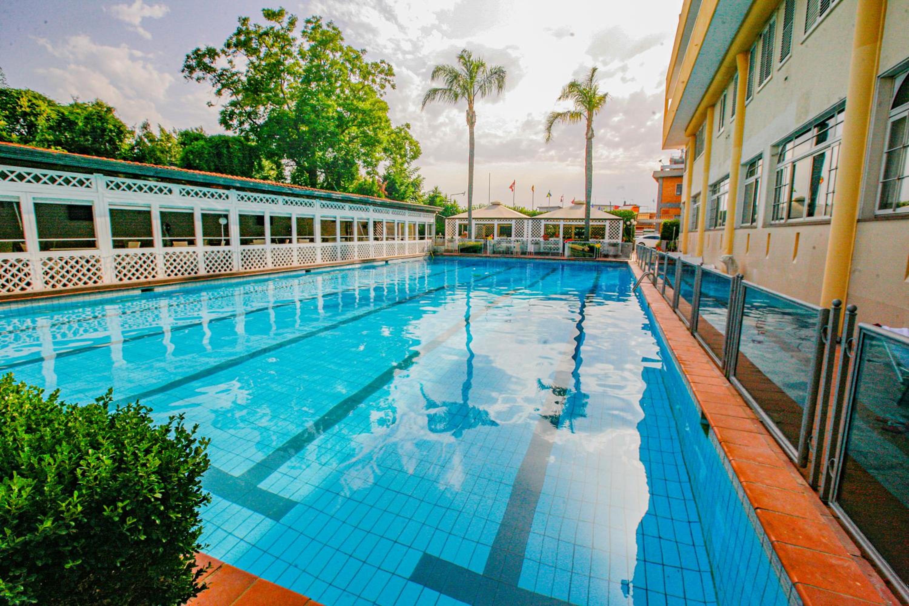 An outdoor tiled swimming pool bordered by a white lattice structure and tall palm trees under open skies.