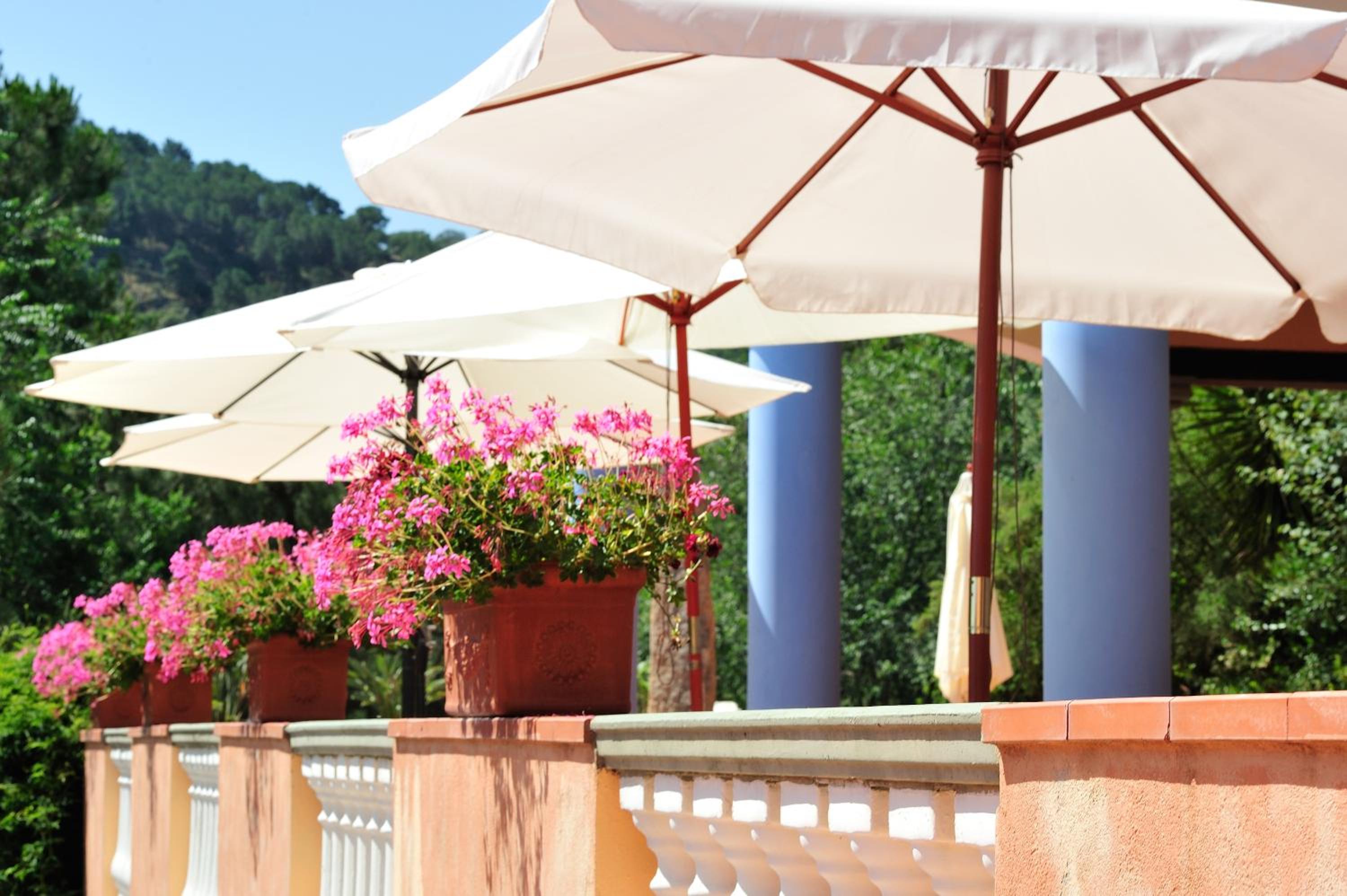 Potted pink flowers line a balustrade under large white canvas umbrellas on an outdoor terrace.