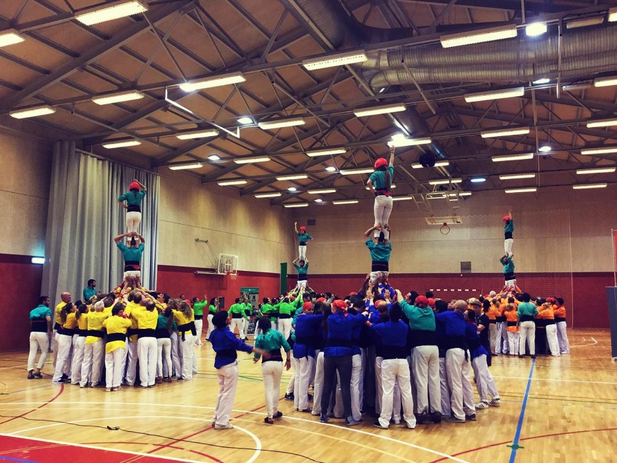An indoor sports hall where people in colored shirts and white trousers form Catalan human towers.
