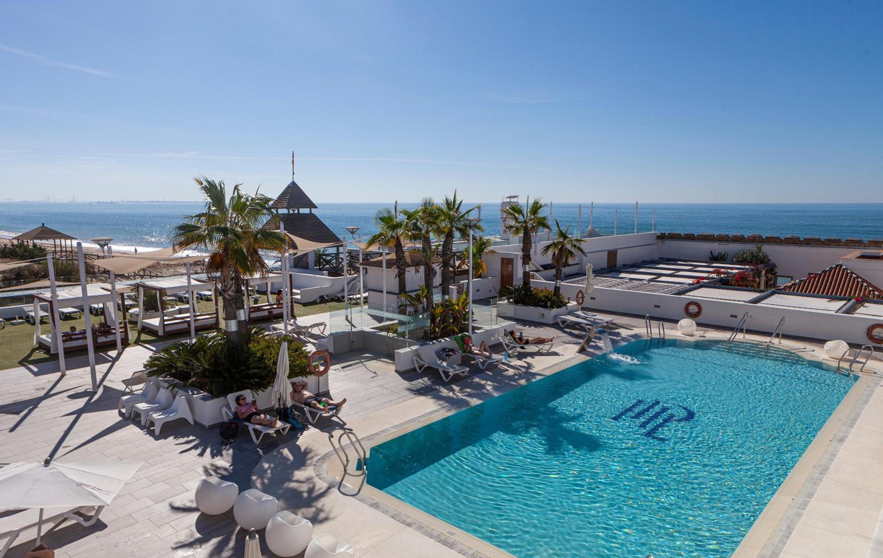 Sun loungers and palm trees frame a sparkling blue swimming pool overlooking the ocean under a clear sky.