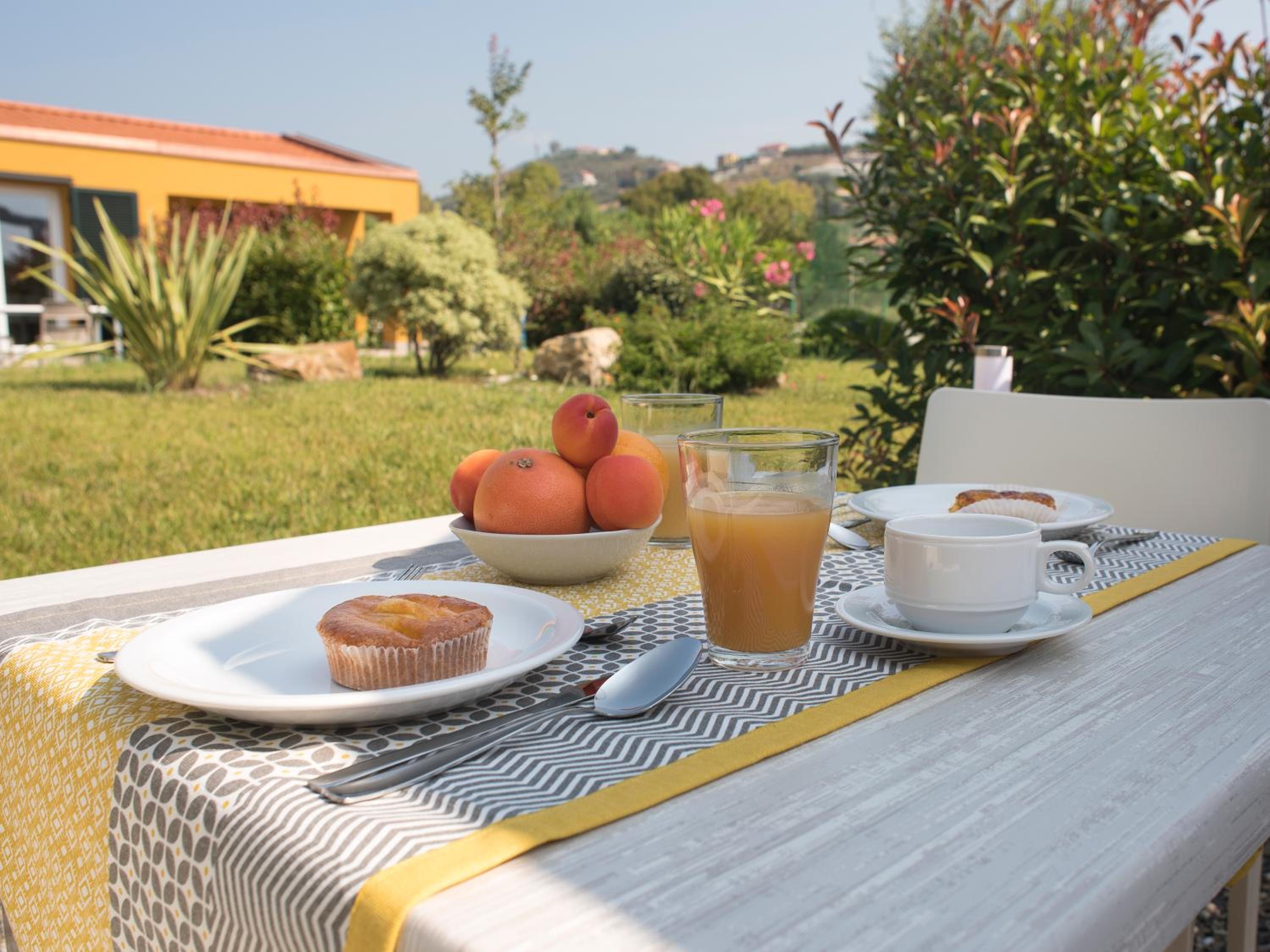 An outdoor table laid with coffee, orange juice, pastries, and fruit on a lawn beside garden shrubs.