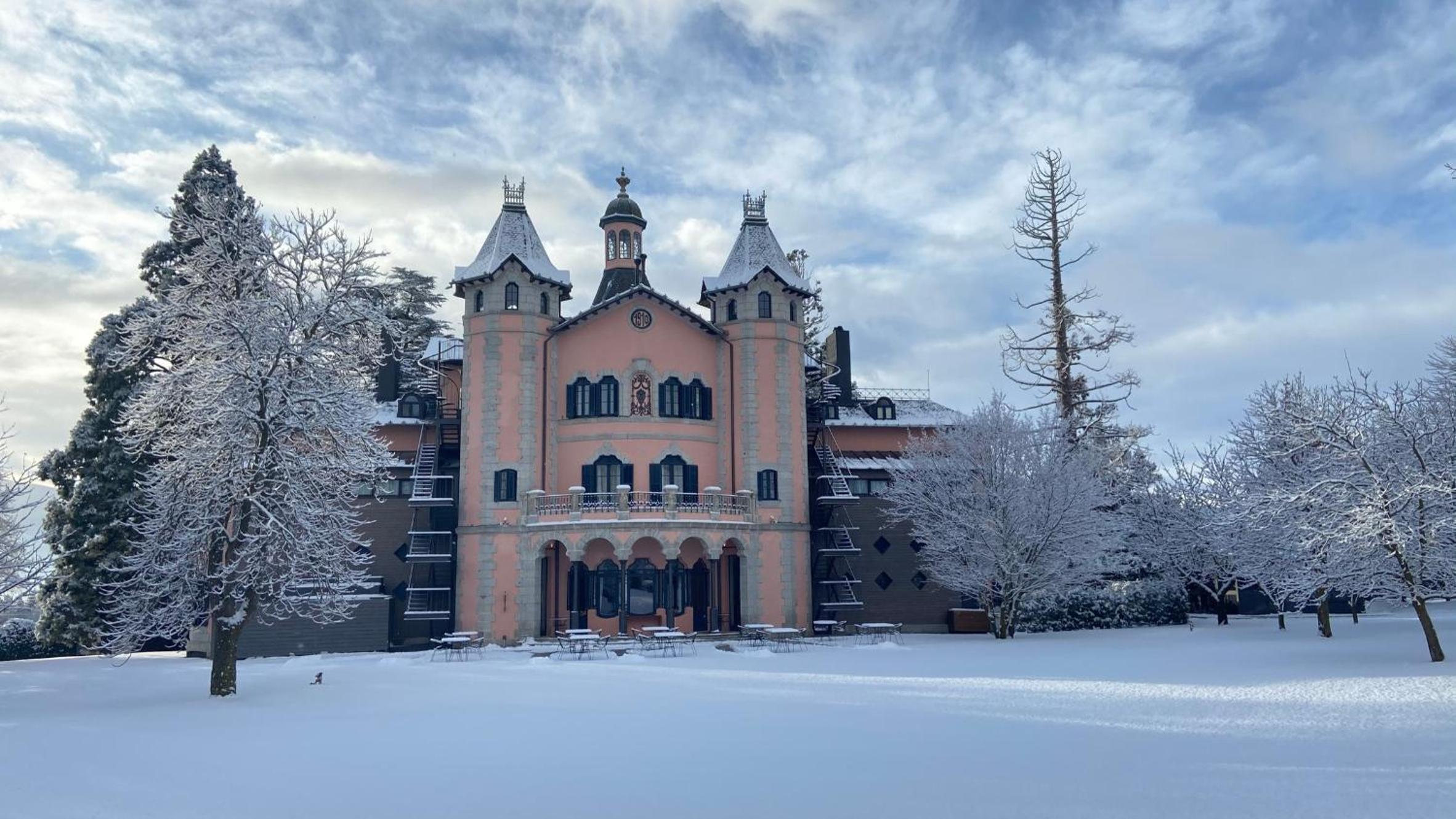 Snow-covered park and frost-covered trees fronting the pink mansion facade in winter.