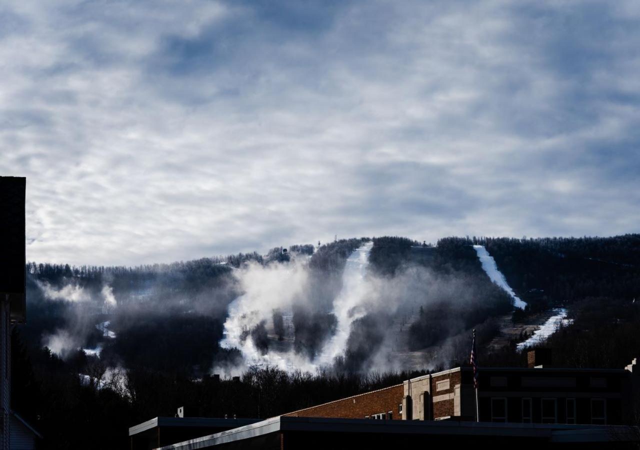 Ski slopes cut through a forested mountain covered in mist, seen from rooftops below under a cloudy sky.