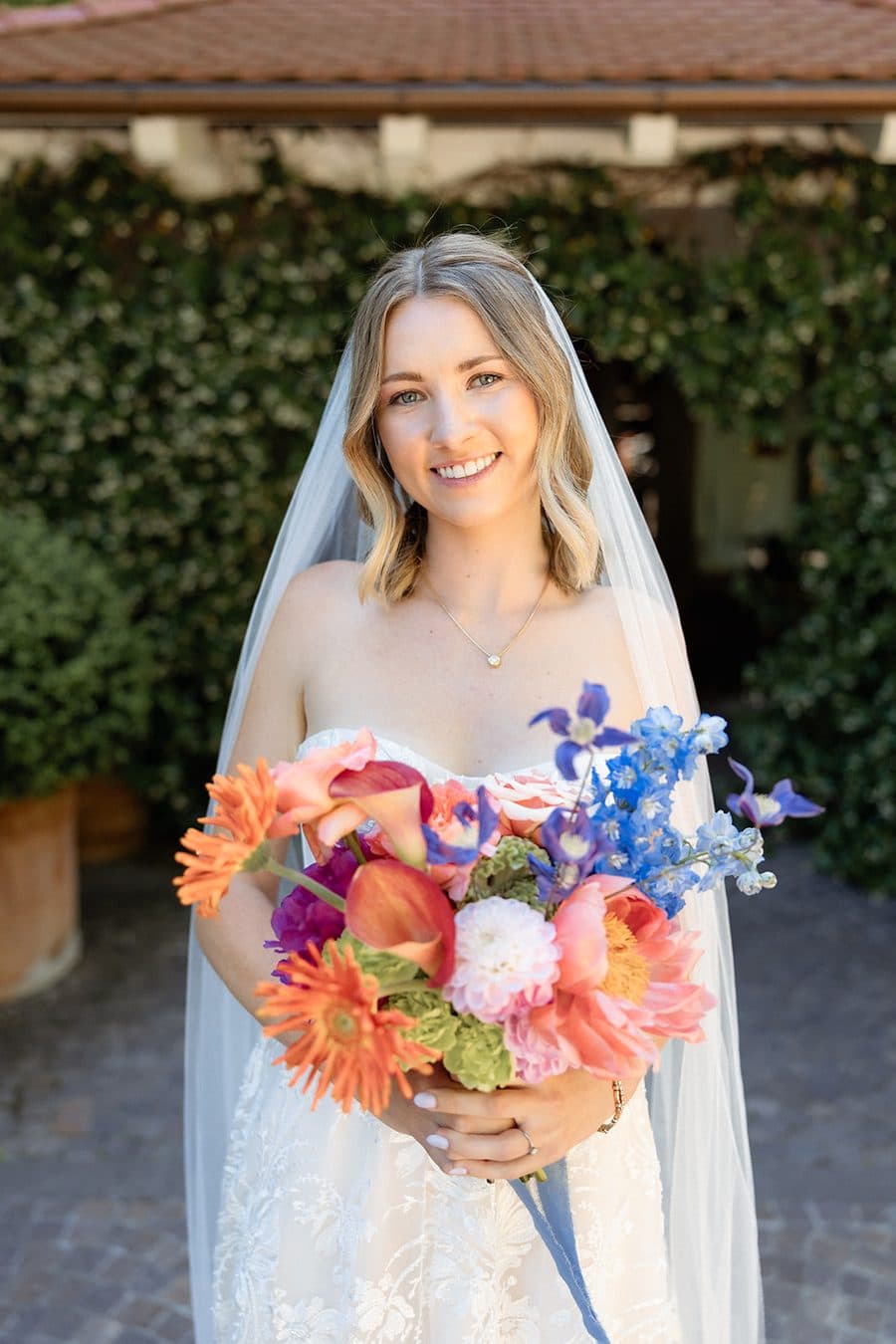 Perrie Lundstrom outside Castel Fragsburg in Merano, Italy, on her wedding day