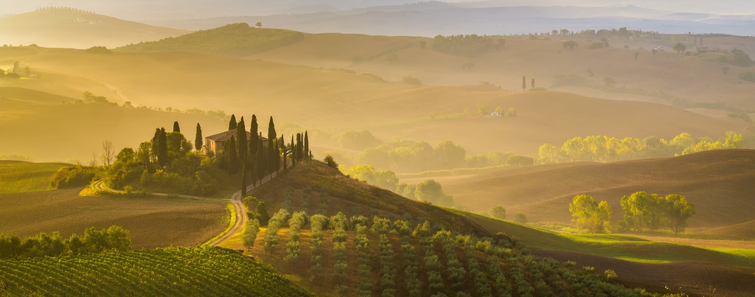 Tuscany, Italy, cypress-lined hillsides and stone farmhouses in the rolling countryside.