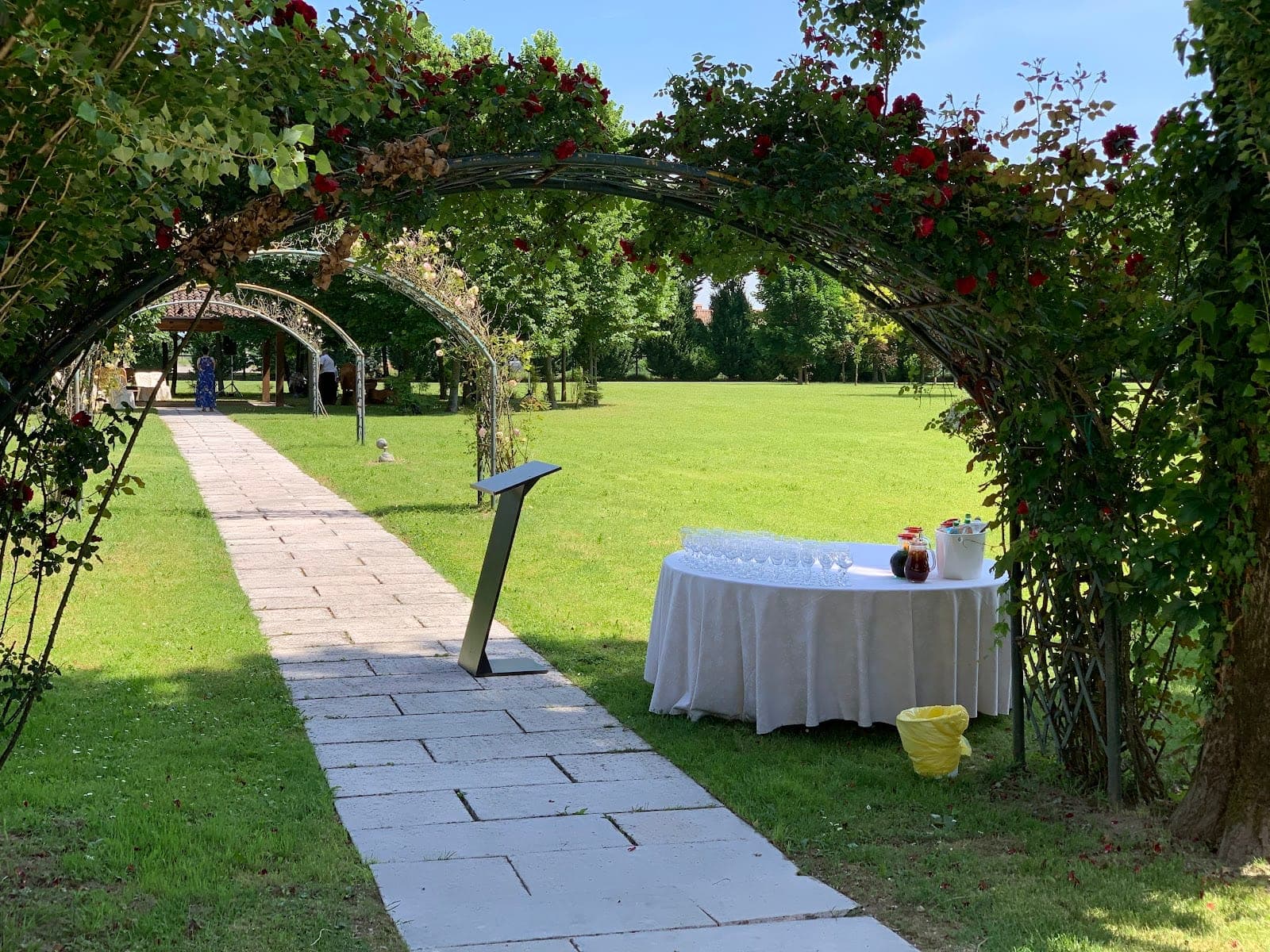 Pathway through rose arches to a lawn with a drinks table.