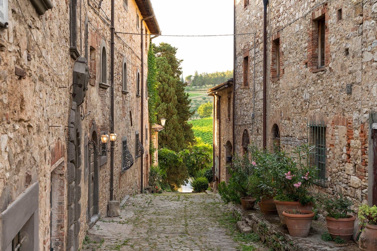 Cobblestone street in a Tuscan village with stone buildings and vineyards in the background.