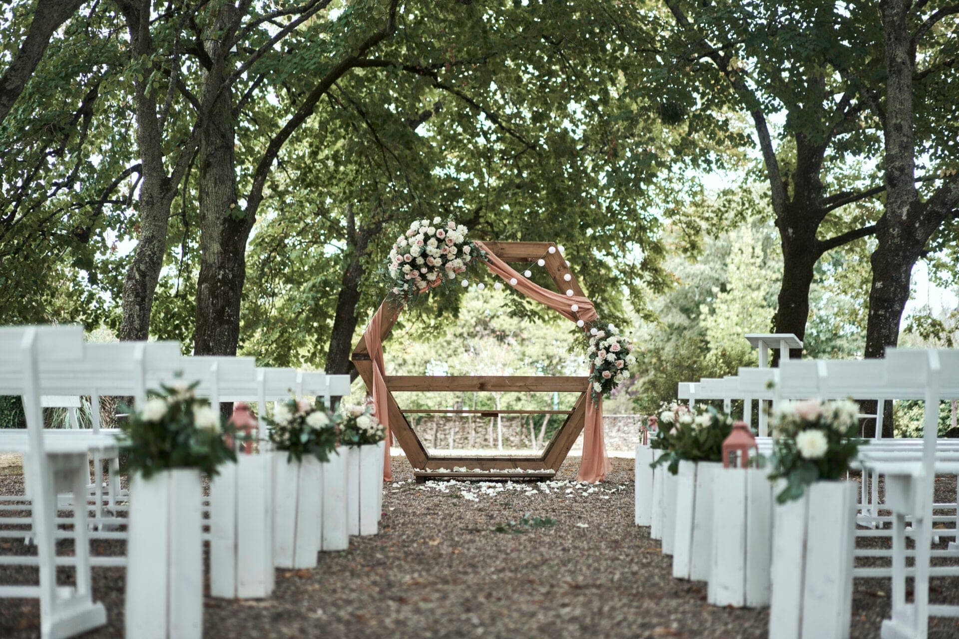 Wedding ceremony setup with benches and floral arch in a garden