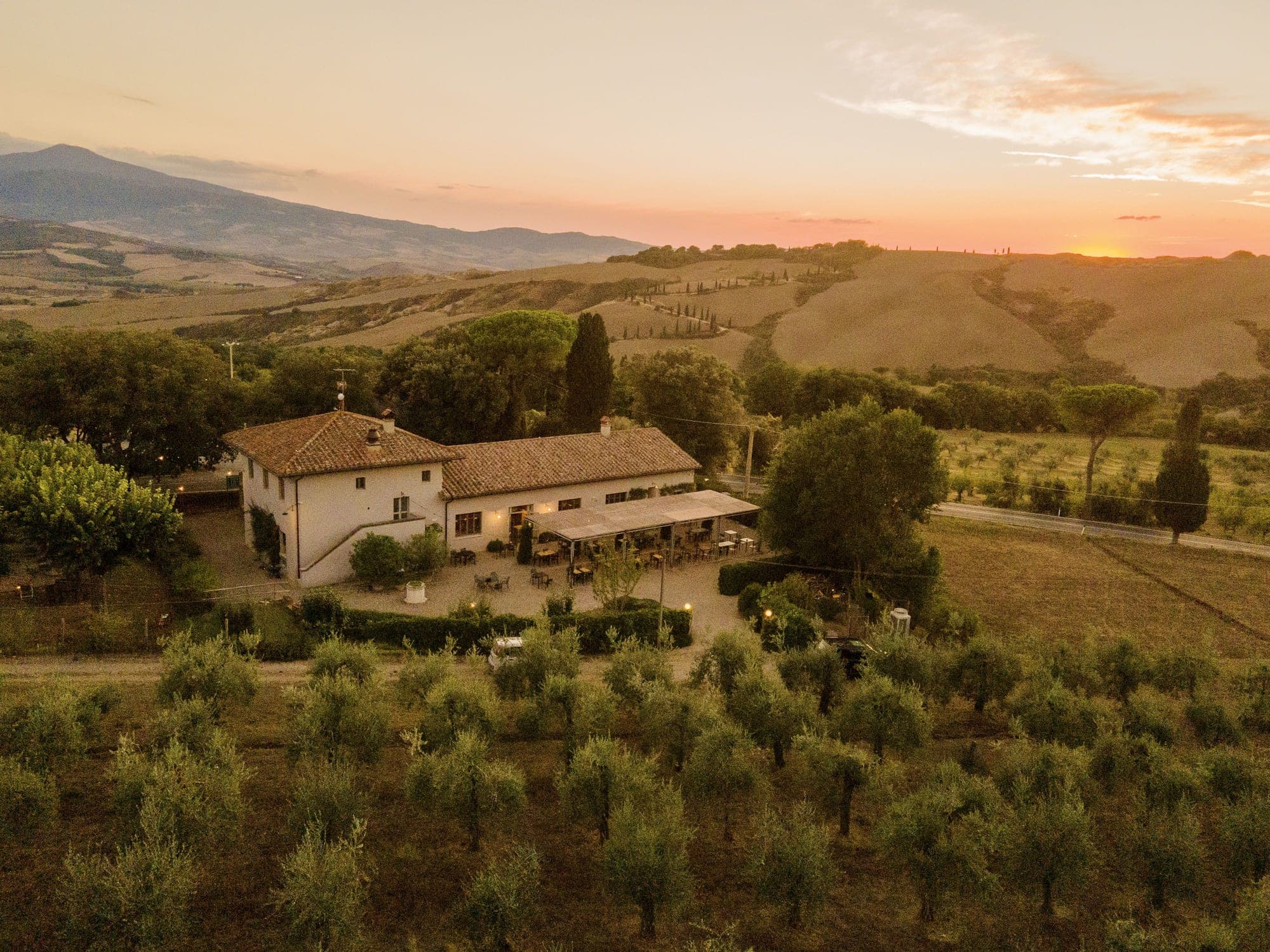 Exterior view of a wedding venue with olive groves in the foreground and rolling hills in the background at sunset.
