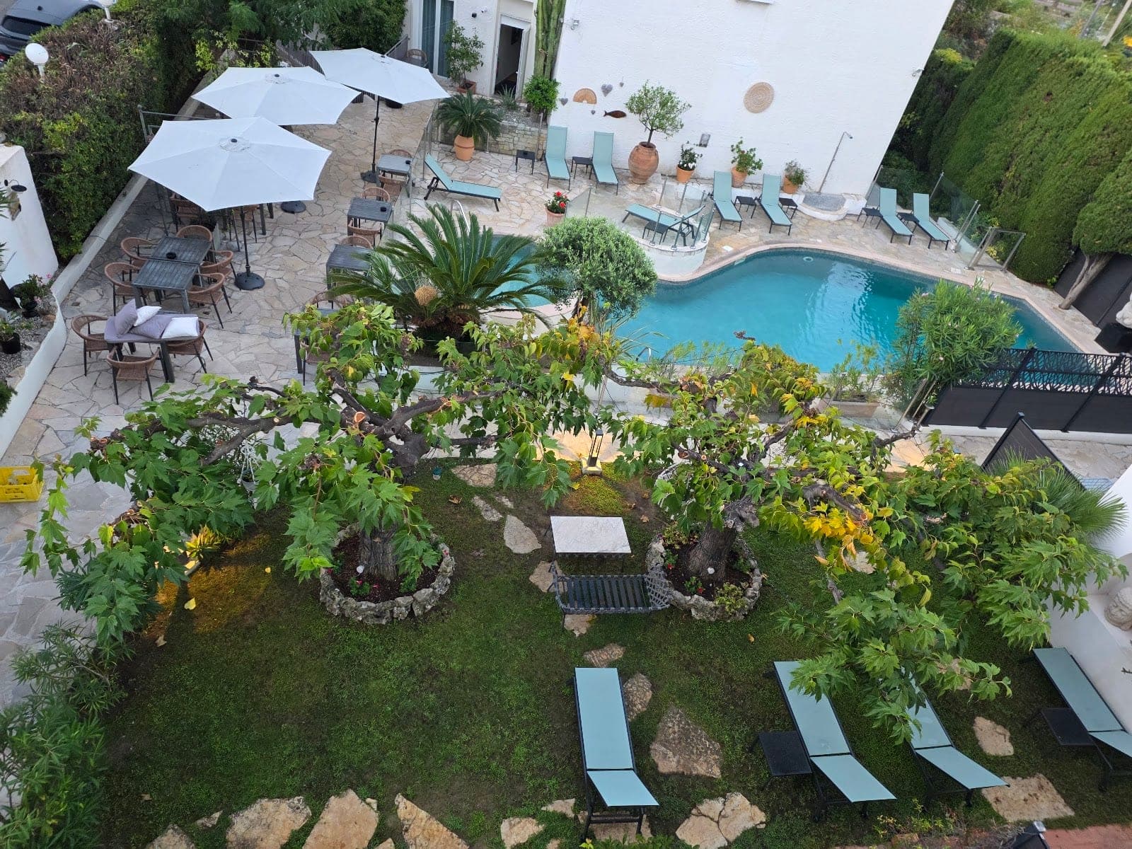 Aerial view of a swimming pool and garden area with lounge chairs and tables.