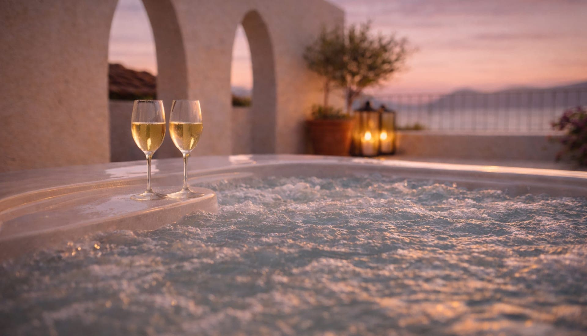 Two glasses of champagne by a hot tub at sunset.
