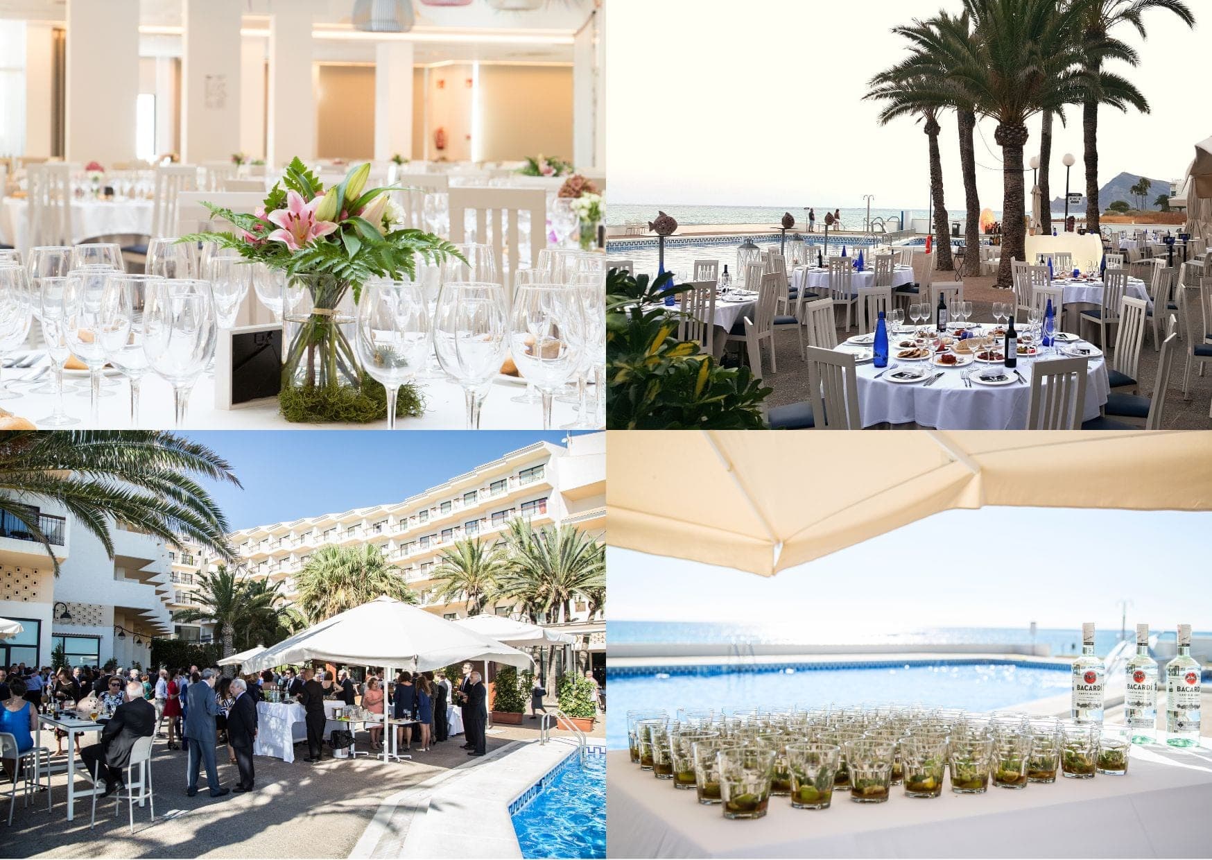 Collage of wedding venue scenes: indoor dining, outdoor dining by the sea, reception gathering, and drinks by the pool.