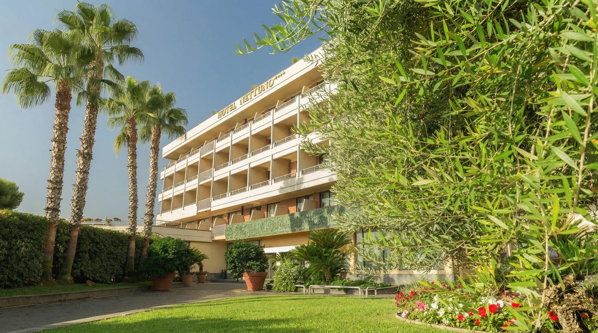 Exterior of Hotel Nettuno with palm trees and a lawn.