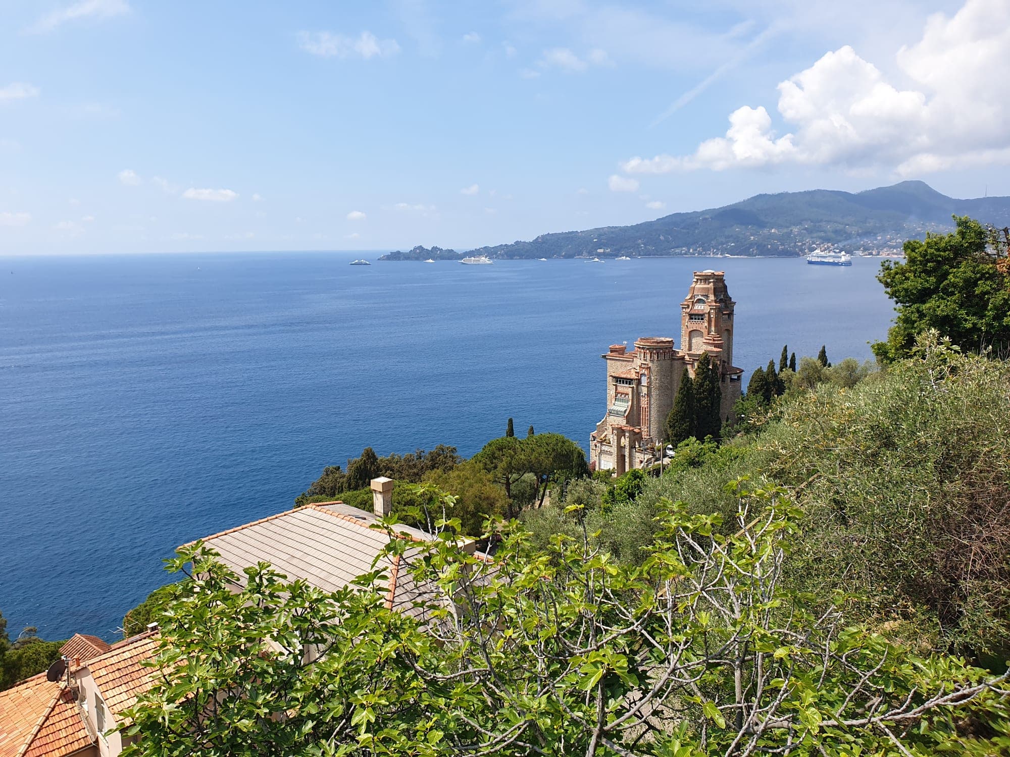A building with a tower by the sea, seen through trees.