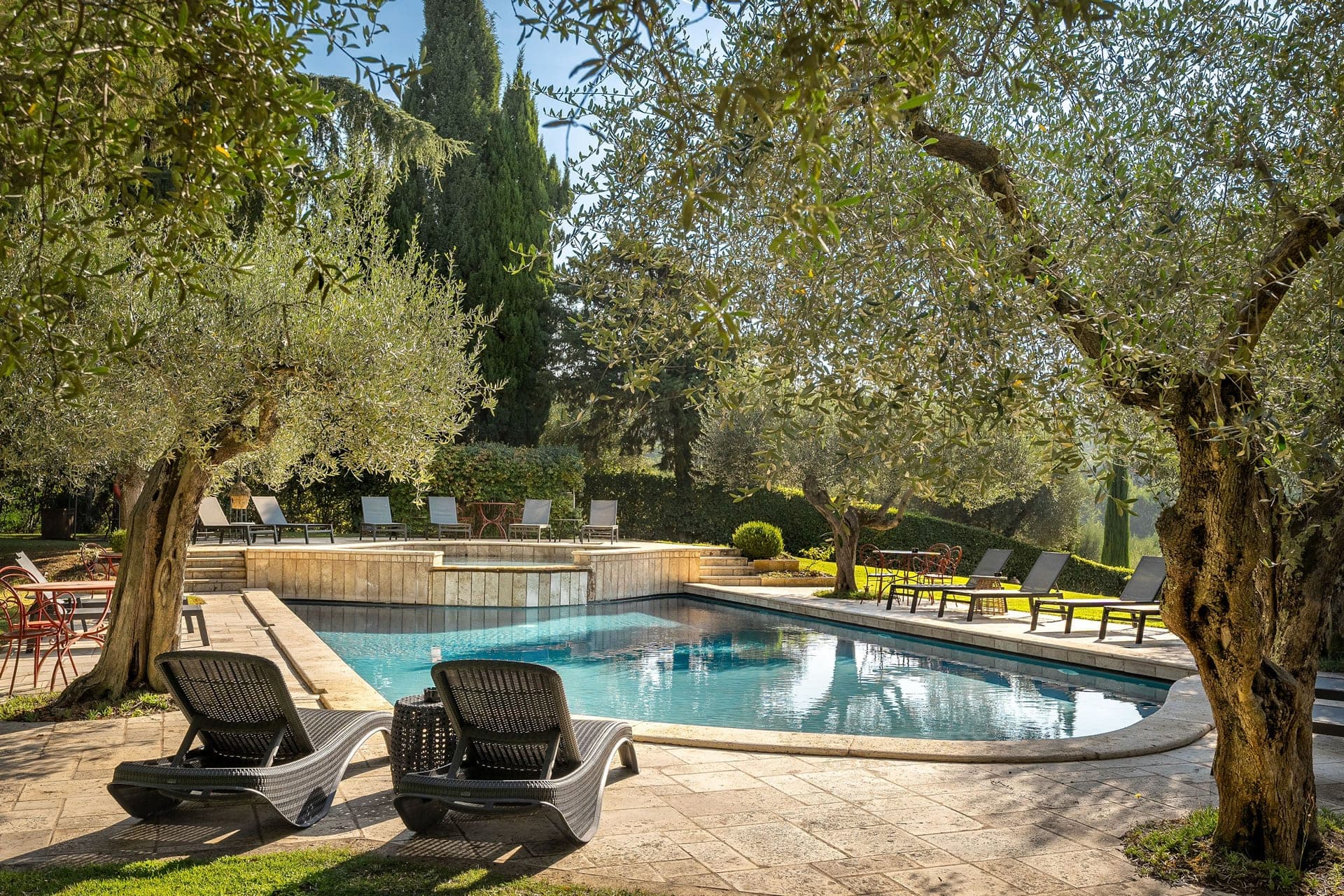 Swimming pool area with lounge chairs and olive trees.