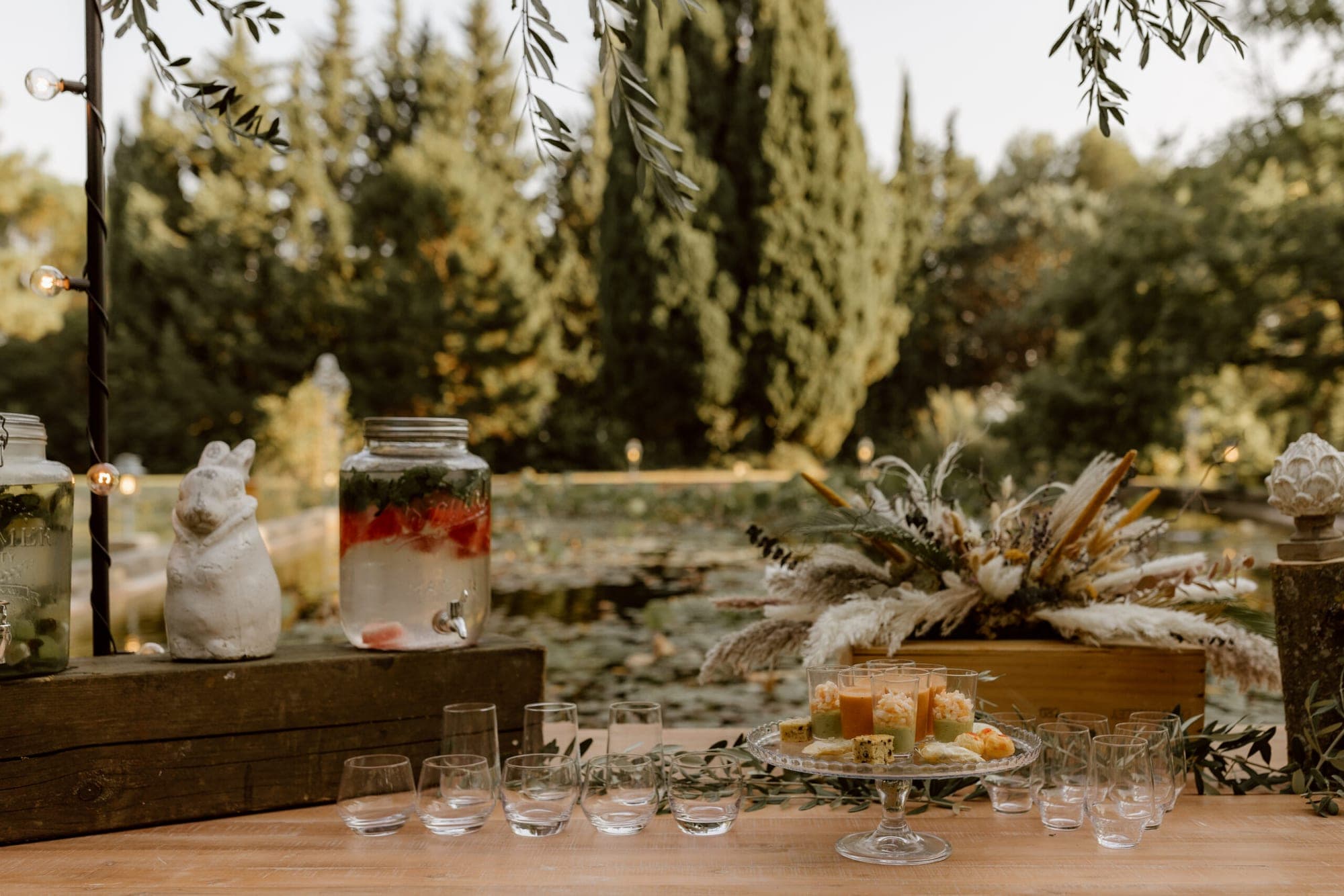 Outdoor table with drinks and appetizers, set in front of a pond and trees.