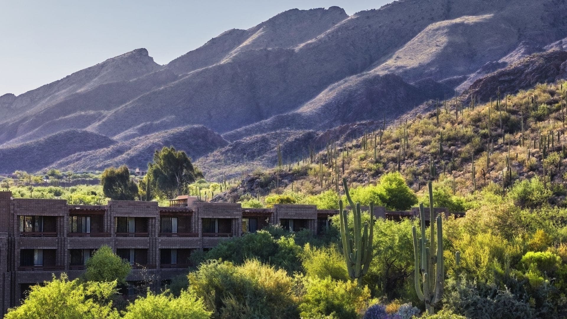 Exterior of a resort building with mountains and desert vegetation.