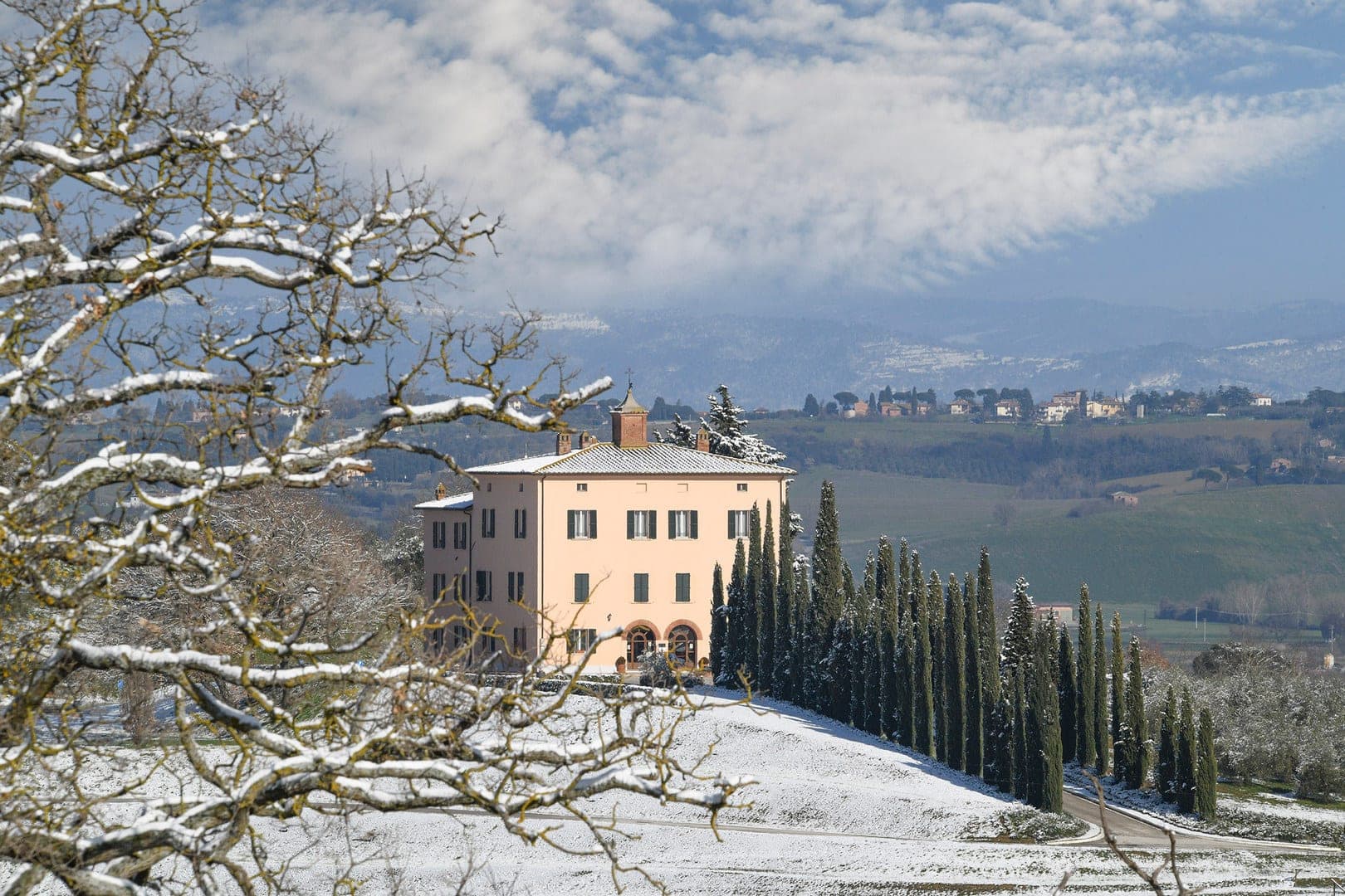 A building on a snow-covered hill with cypress trees and a bare tree in the foreground.