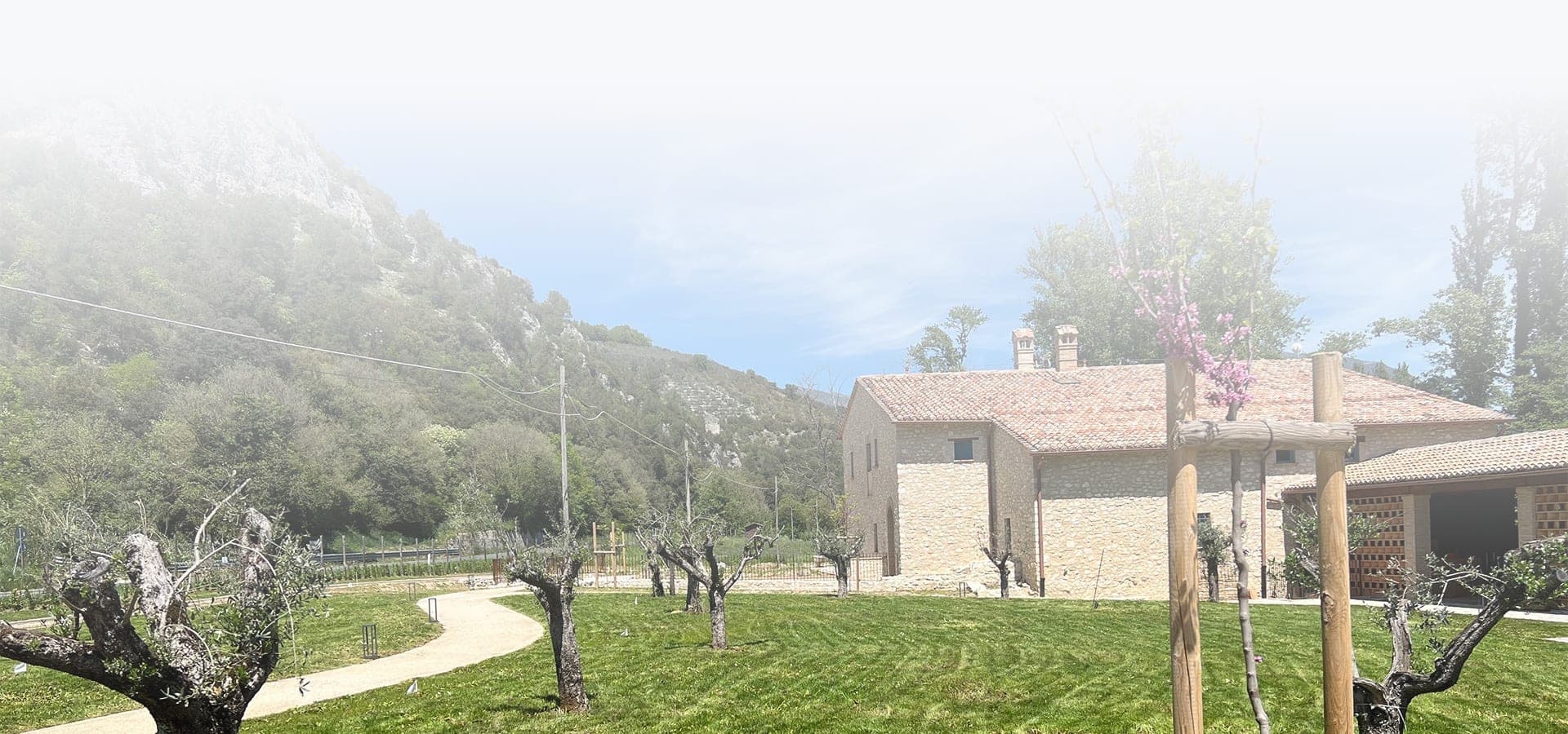 Stone building with a tiled roof surrounded by a green lawn and trees, with a mountain in the background.