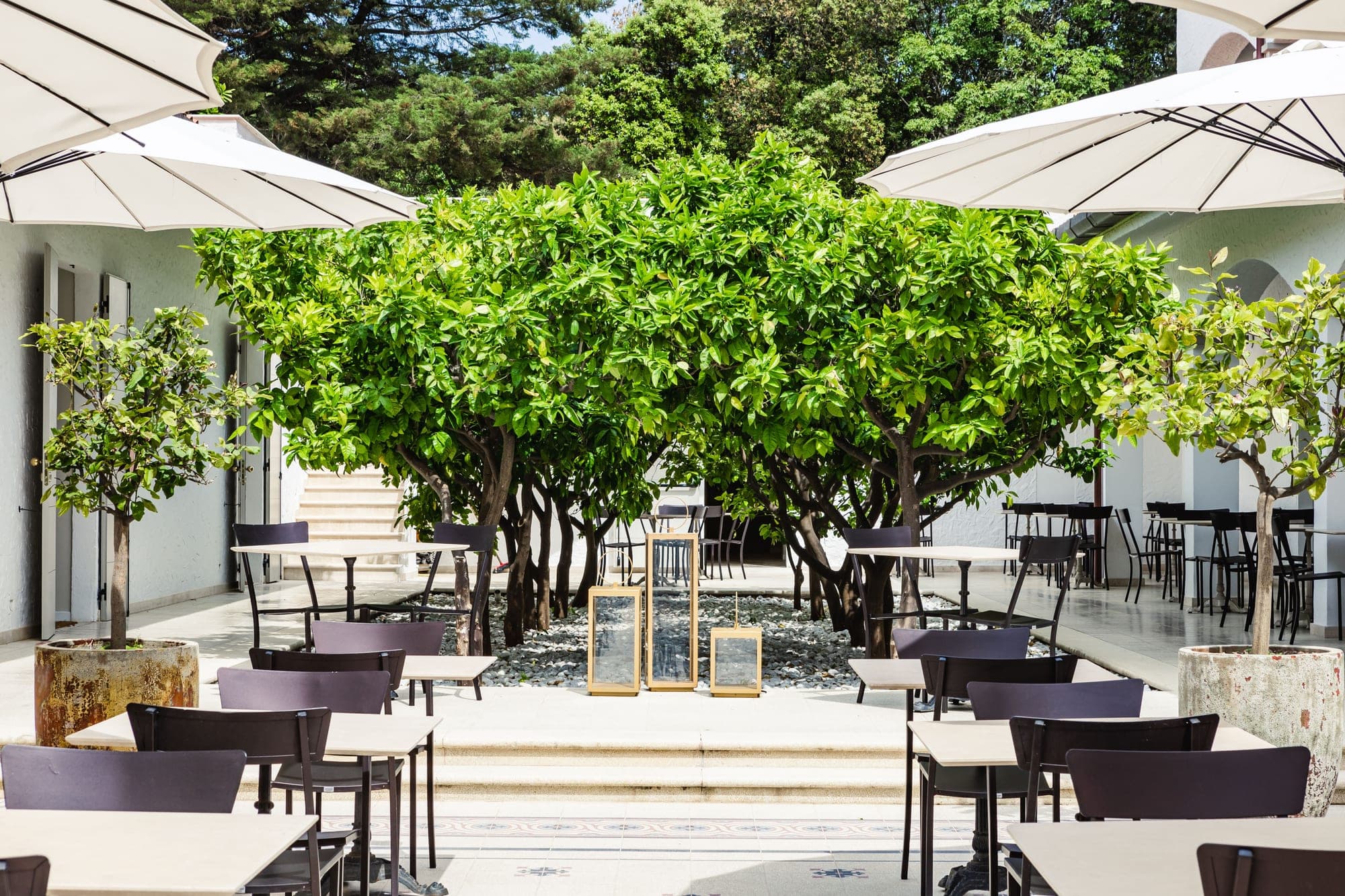Outdoor seating area with tables, chairs, umbrellas, and trees.