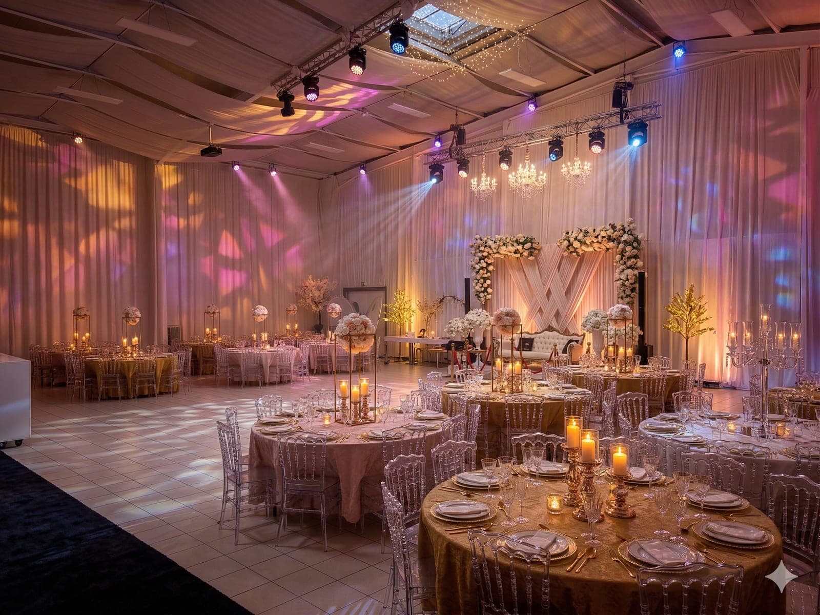 A wedding reception hall with round tables set for dinner and a decorated stage at the back.