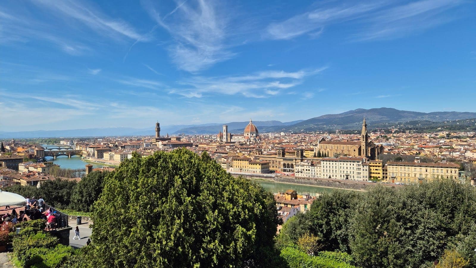 Panoramic view of Florence, Italy, with the Arno River and distant mountains under a blue sky.