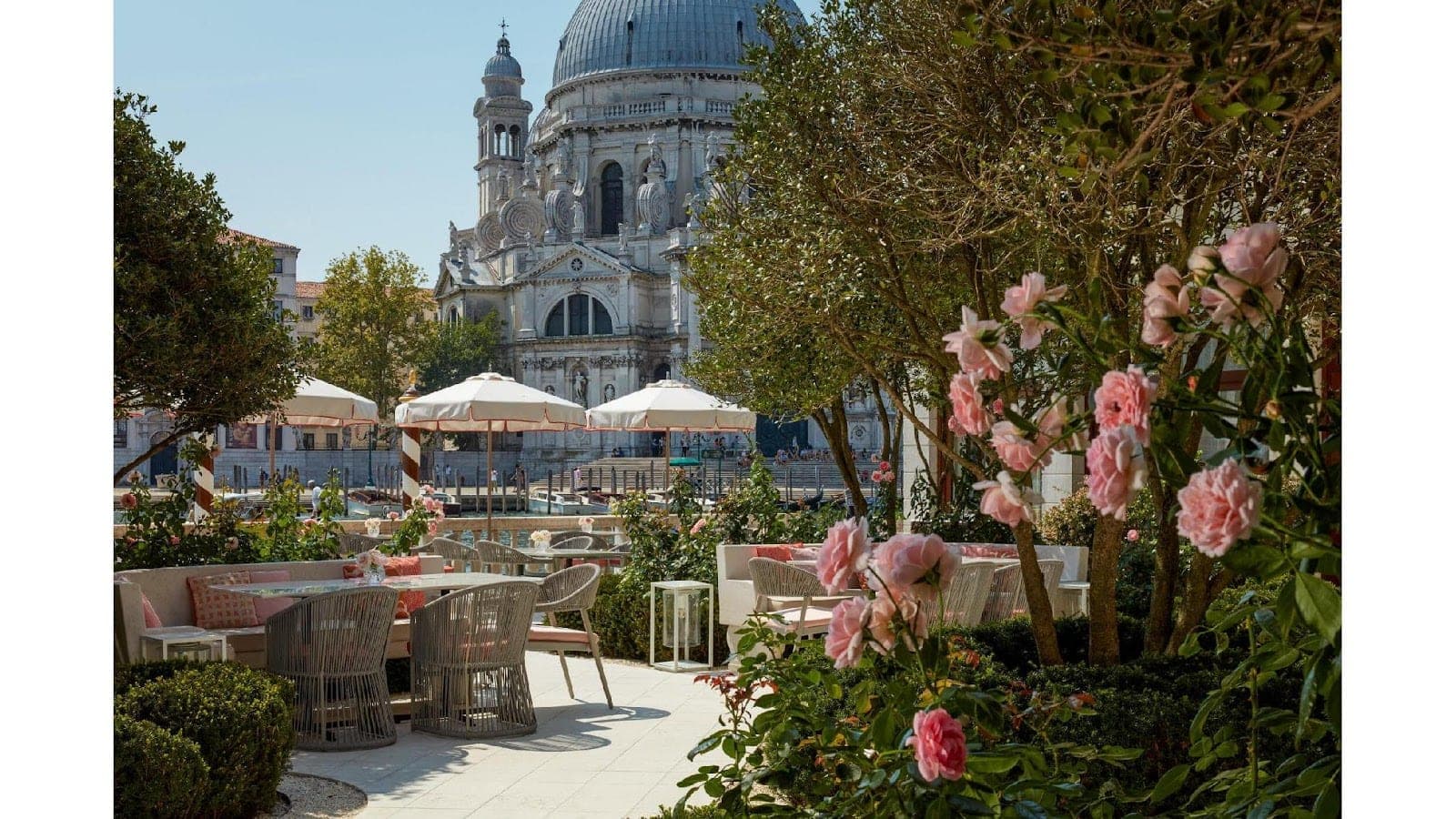 Outdoor seating area with pink roses and a domed building in the background.