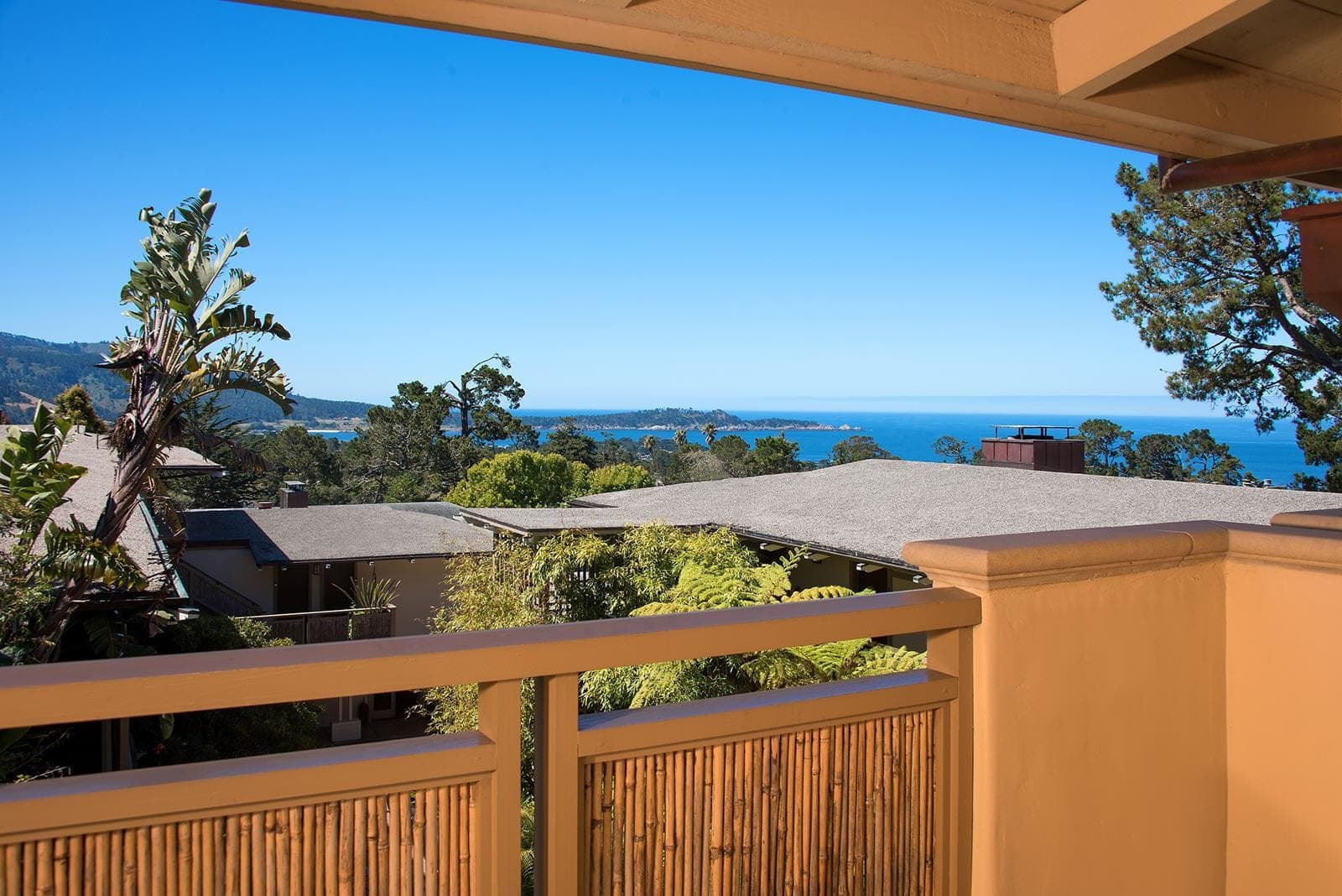 View of the ocean and coastline from a balcony with trees and rooftops in the foreground.