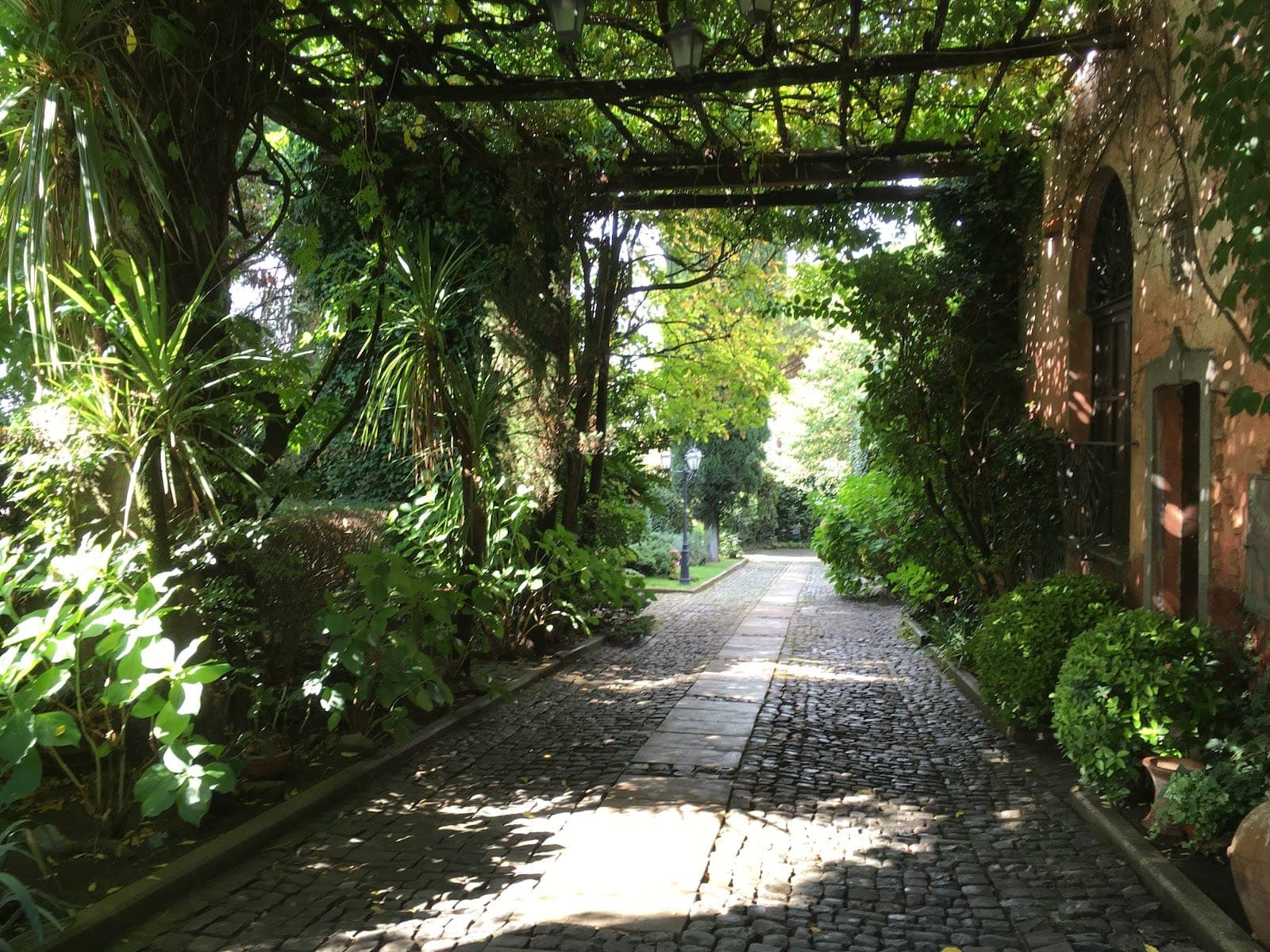 A cobblestone path winds through a garden with trees and an old building.
