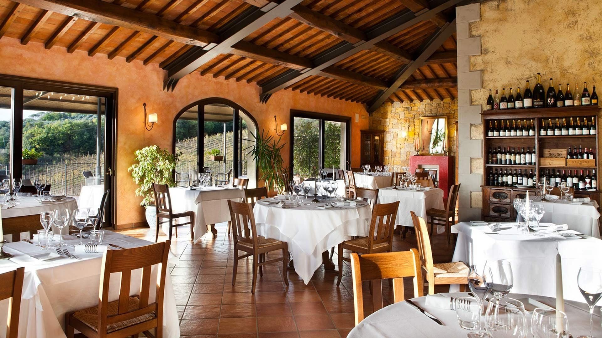 Dining room with tables set for a reception and a view of vineyards.