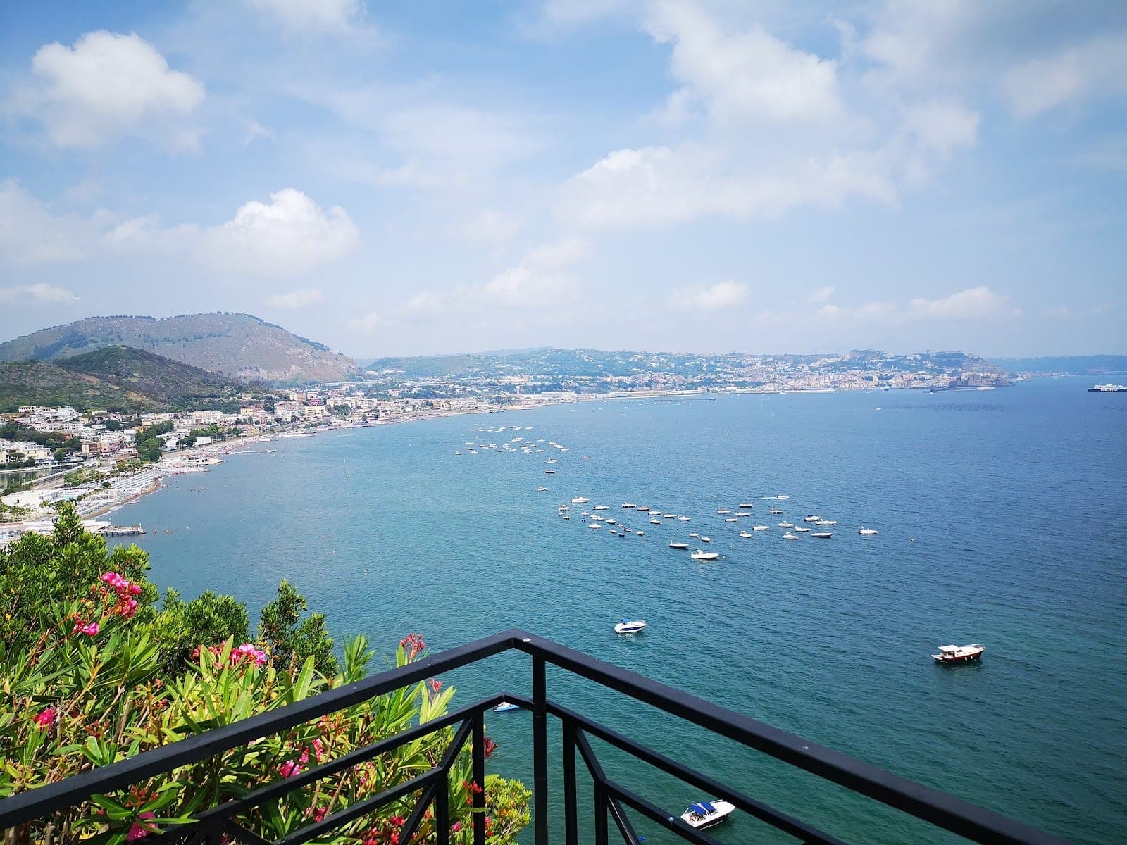 View of the sea and coastline from a balcony with flowers.