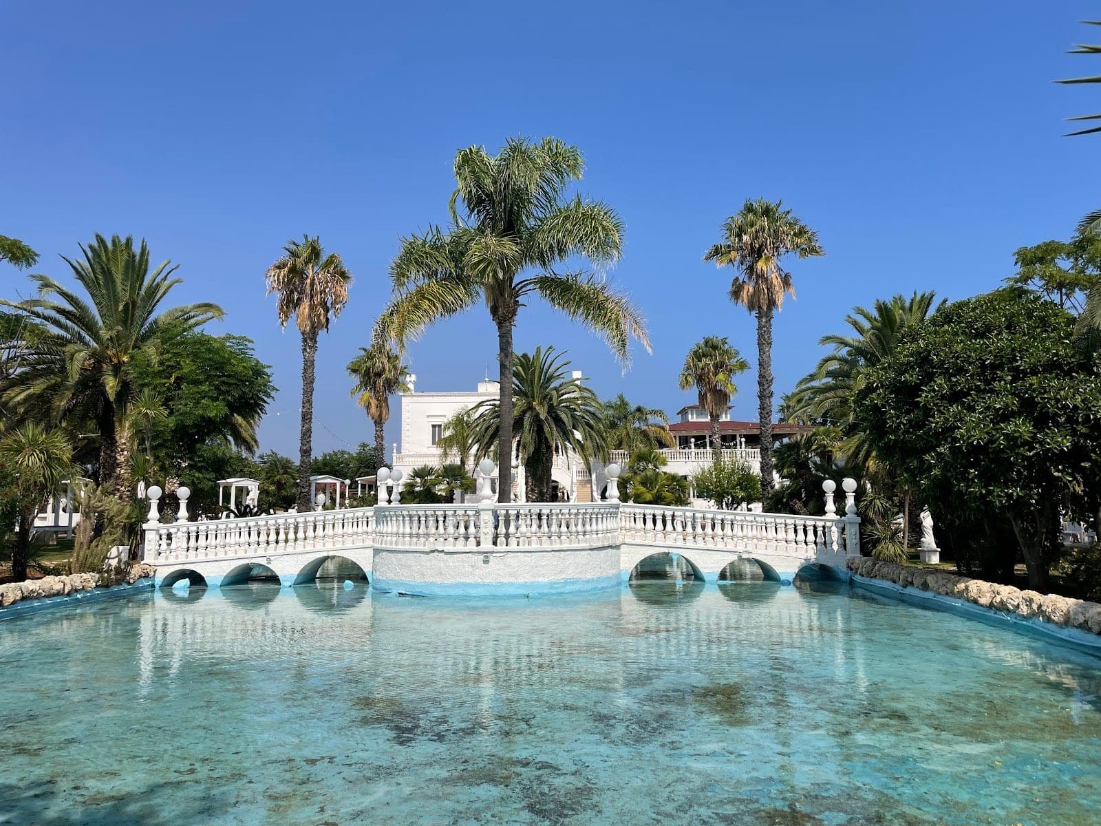 A white bridge arches over a pool with palm trees and a building.