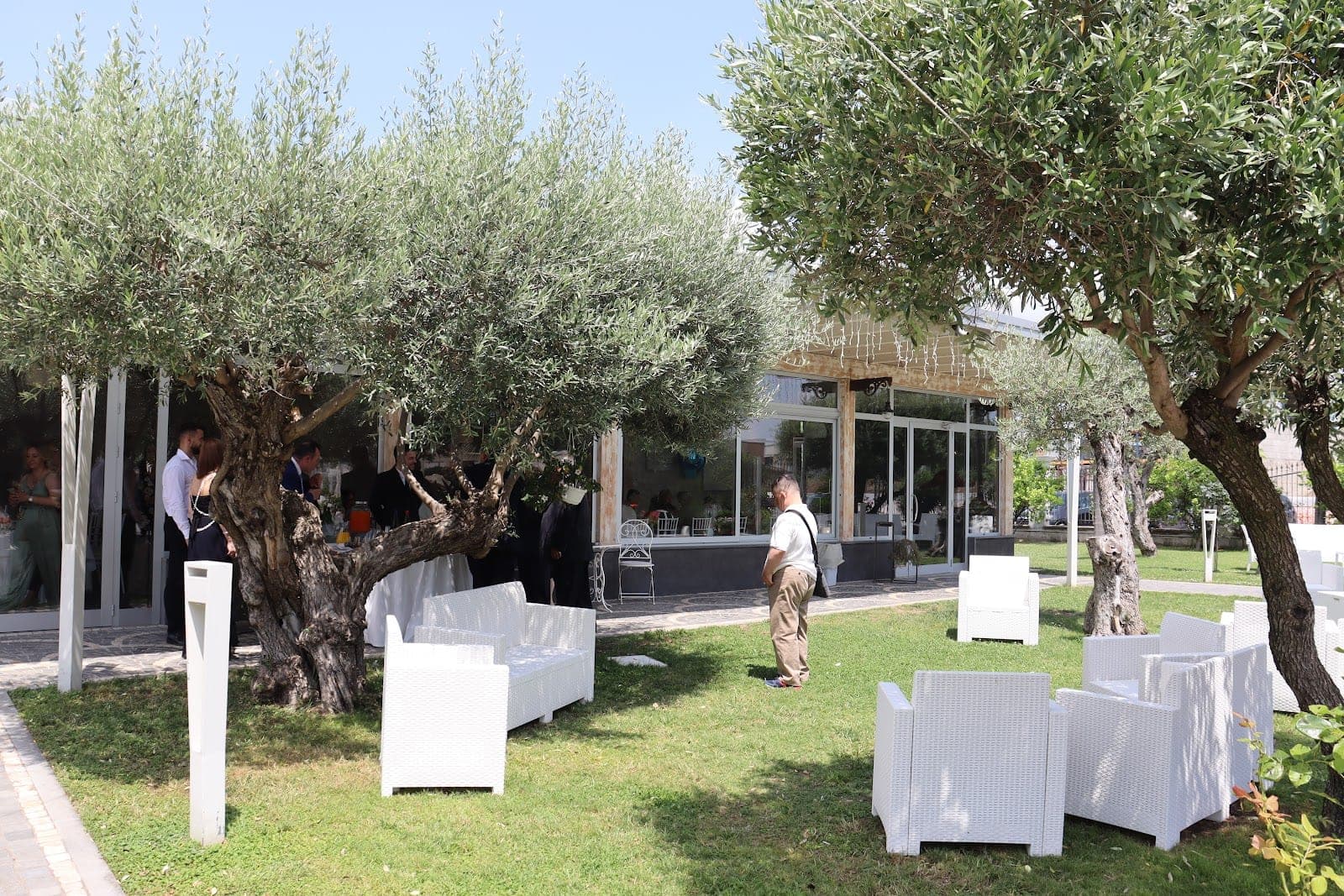 Garden seating area with olive trees and a building.