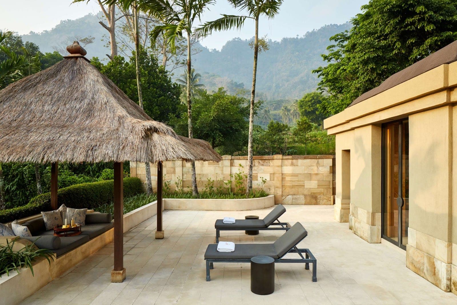 Amanjiwo in Central Java, a limestone crescent of suites and a domed rotunda facing Borobudur across rice fields