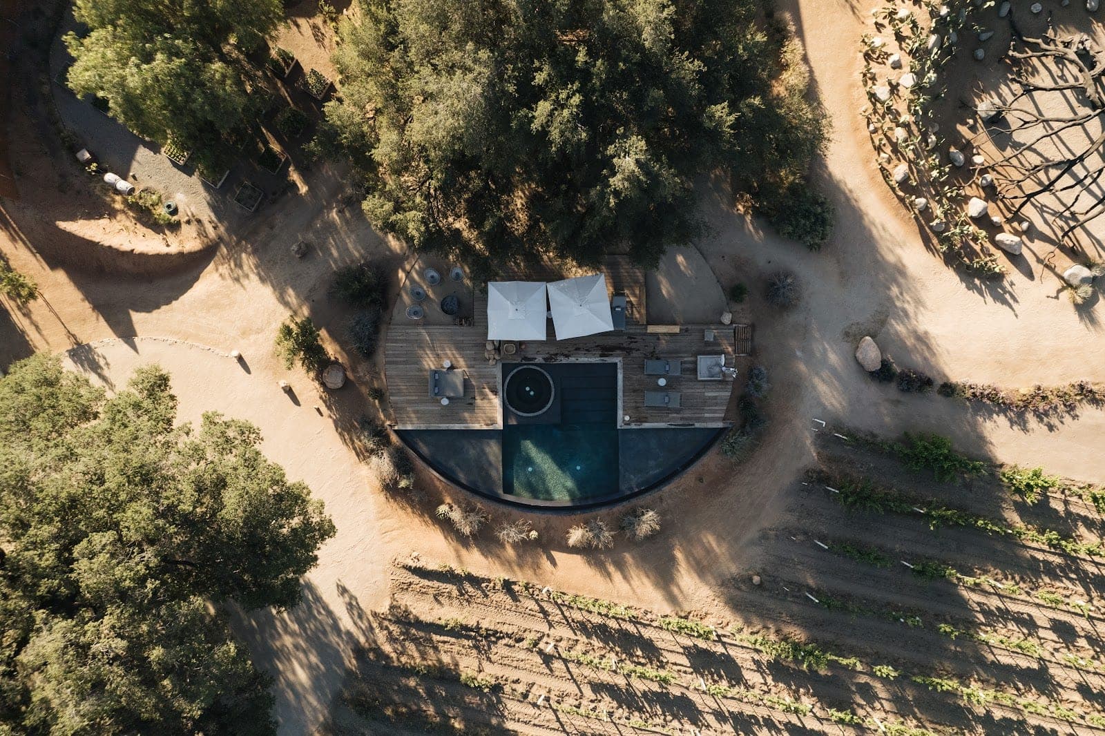 The terrace at Bruma’s Casa 8 looking down the vines in Valle de Guadalupe, Baja California