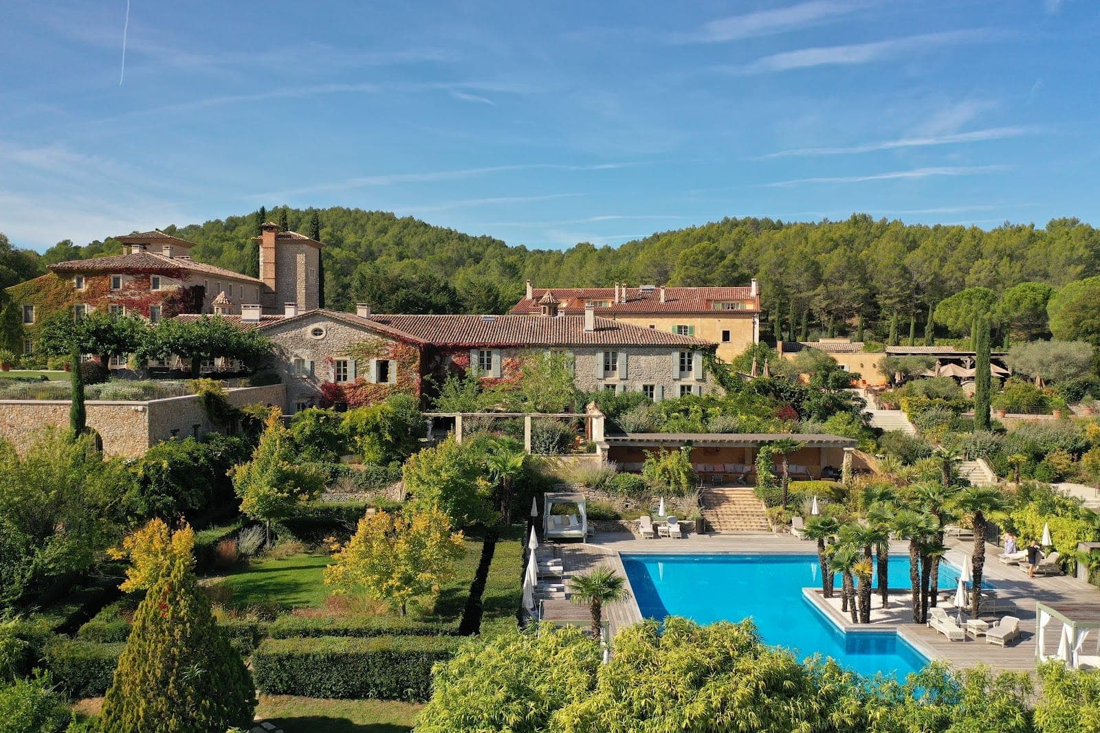 Vineyards and stone buildings at Château de Berne in the hills of the Var