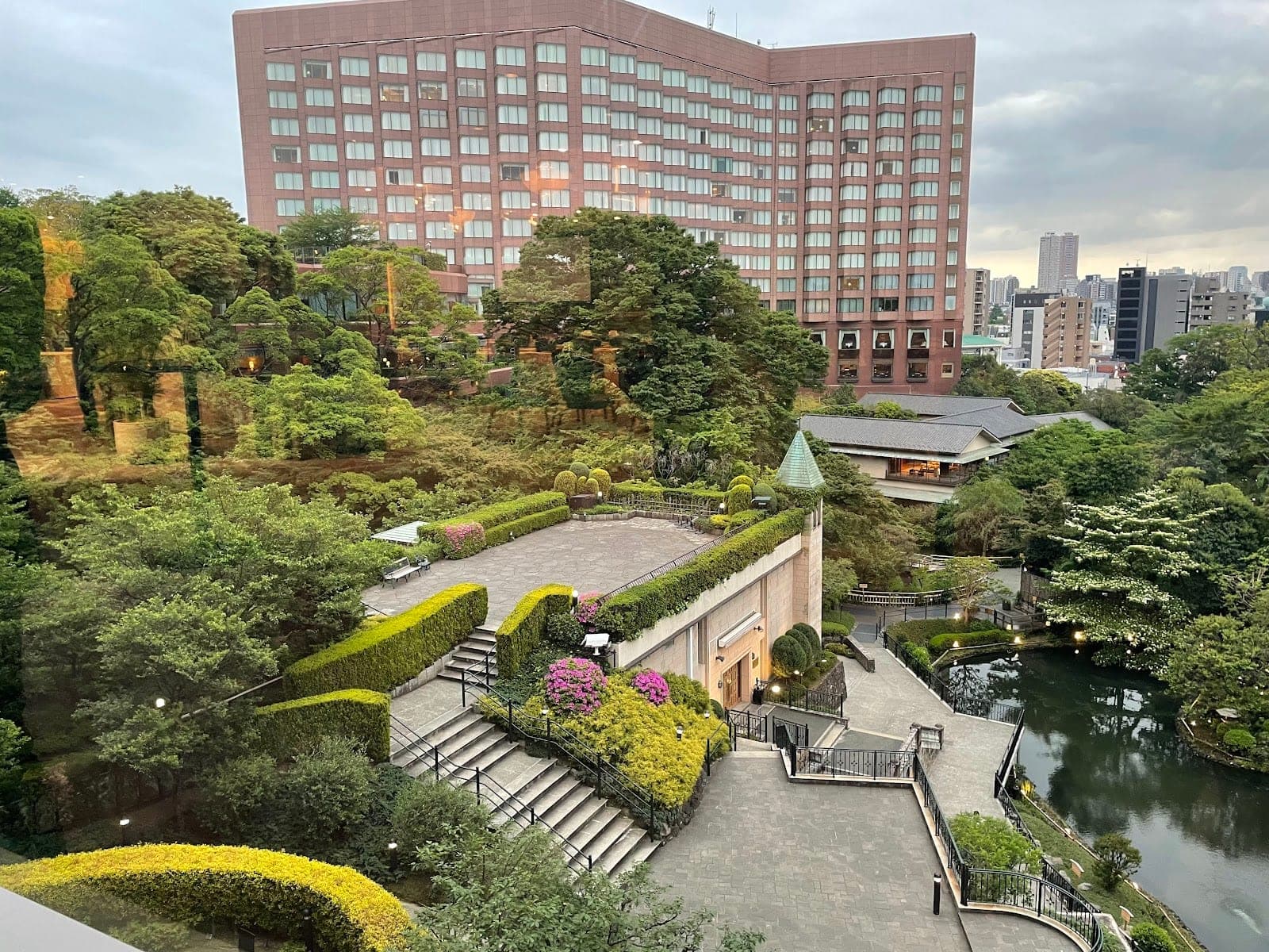 The three-storey pagoda and waterfall in the garden at Hotel Chinzanso Tokyo