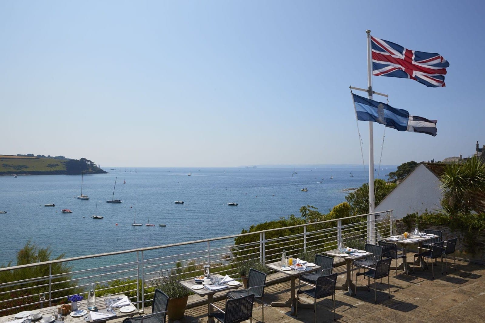 Hotel Tresanton’s terraces above St Mawes harbour on the Cornish coast