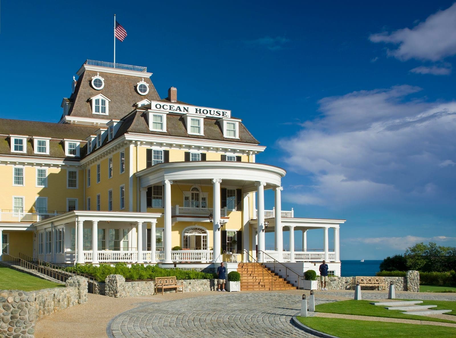 The yellow clapboard Ocean House on the bluff above the beach at Watch Hill, Rhode Island