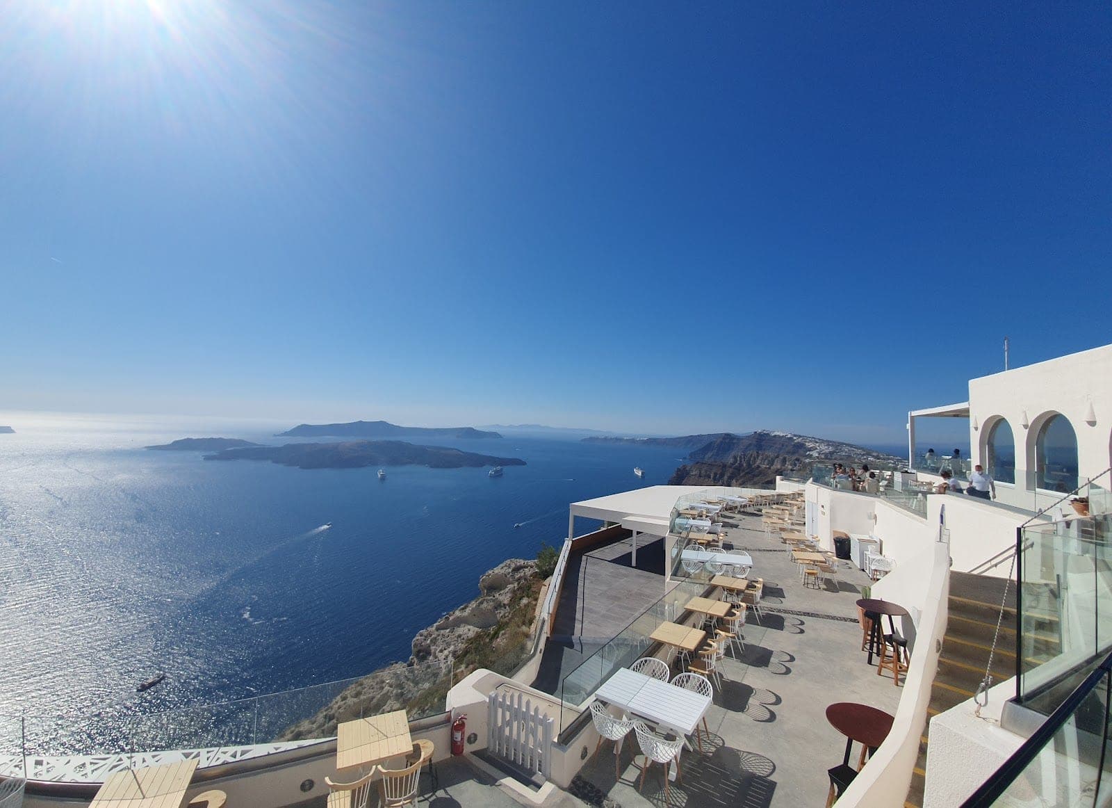 Terraces at Santo Wines winery above Pyrgos looking across the Santorini caldera