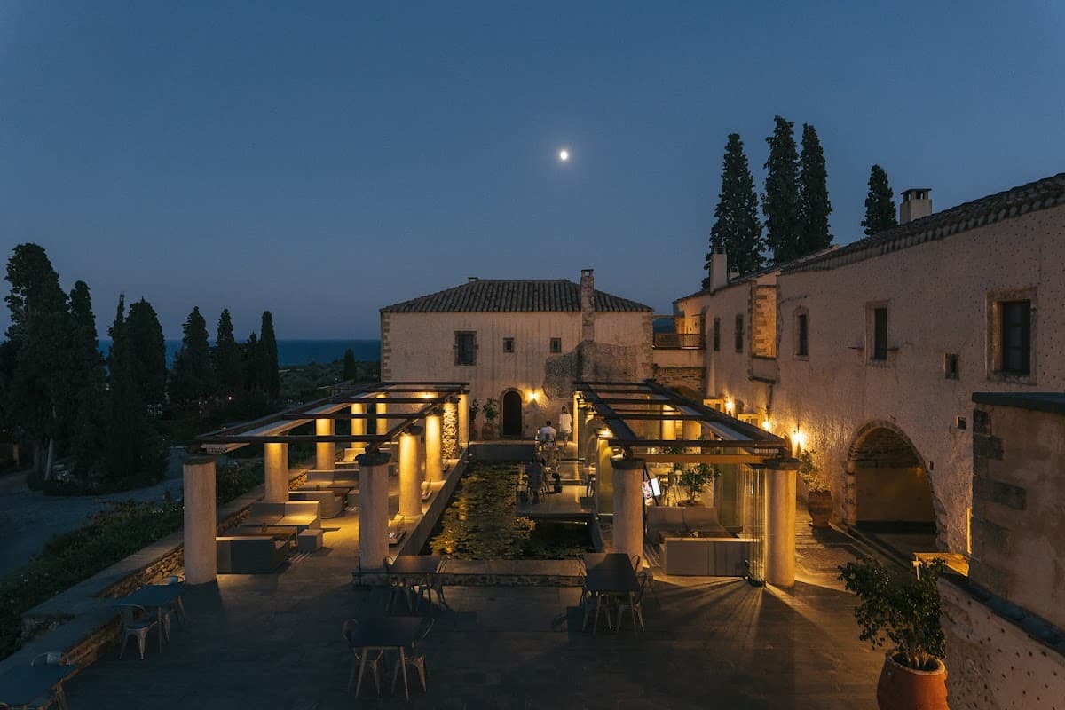 The restored Byzantine mansion and gardens at Kinsterna above the sea near Monemvasia