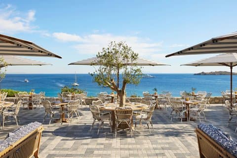Santa Marina resort on its private peninsula above Ornos Bay, Mykonos