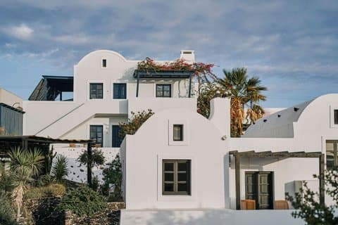 Stone lanes and courtyards at Vedema resort in the medieval village of Megalochori, Santorini